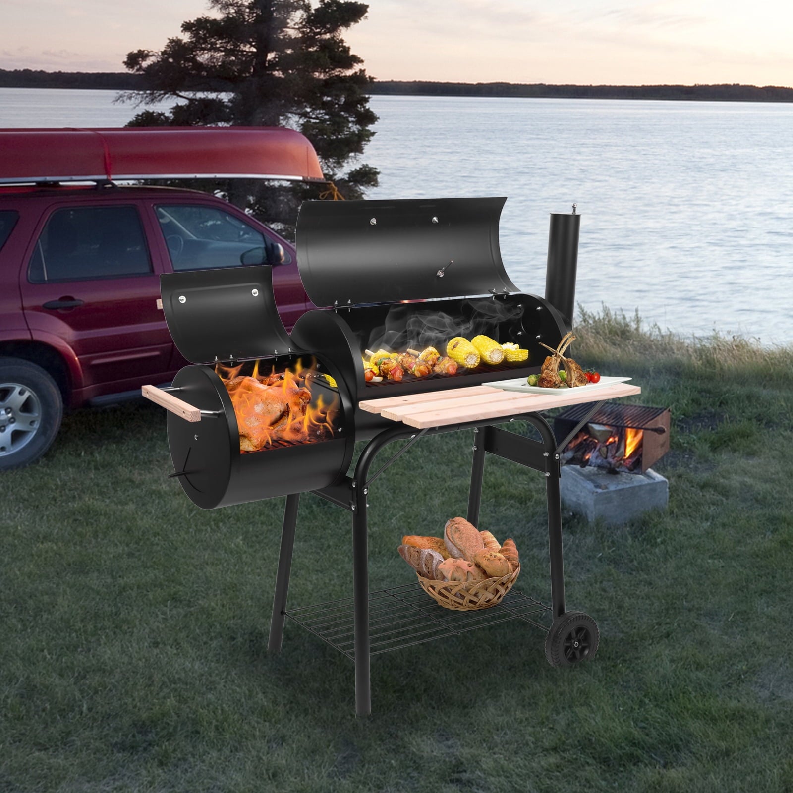 Zimtown BBQ Charcoal Grill Outdoor Barbecue Pit with Offset Smoker Patio Backyard Black