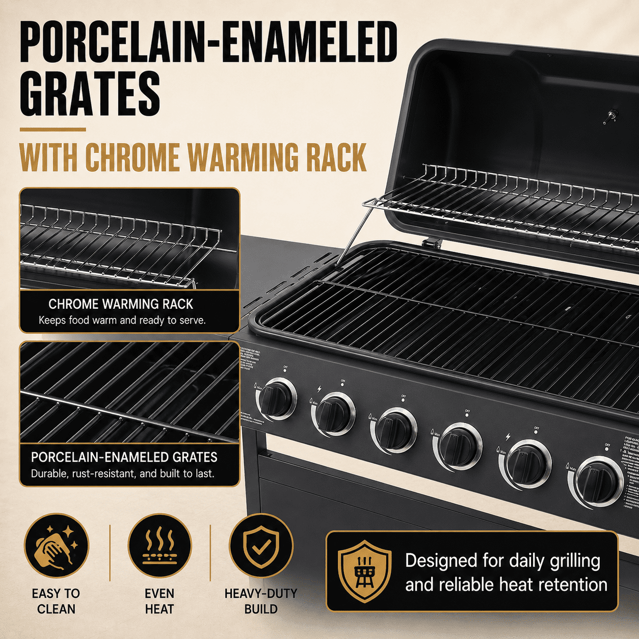 6-Burner Propane Gas Grill with Side Burner, 59000 BTU Outdoor BBQ Grill with Porcelain-Enameled Grates, Warming Rack, Side Tables, Bottle Opener, Thermometer and Wheels for Patio Backyard Cooking