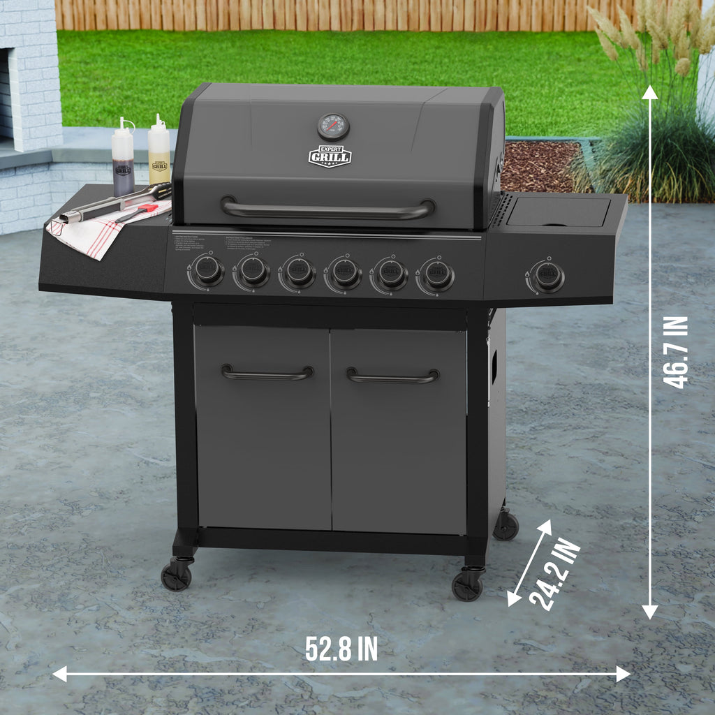 Expert Grill 6-Burner Propane Gas Grill with Side Burner and Side Table, Graphite