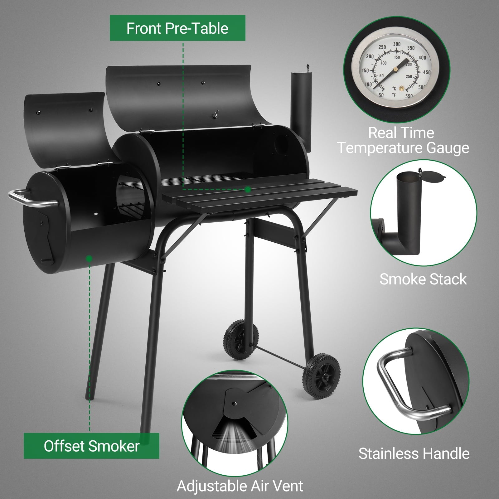 Segmart BBQ Charcoal Grill, 45.28-inch Length Portable Barbecue Grill, Offset Smoker Barbecue Oven with Wheels & Thermometer for Outdoor Picnic Camping Patio Backyard