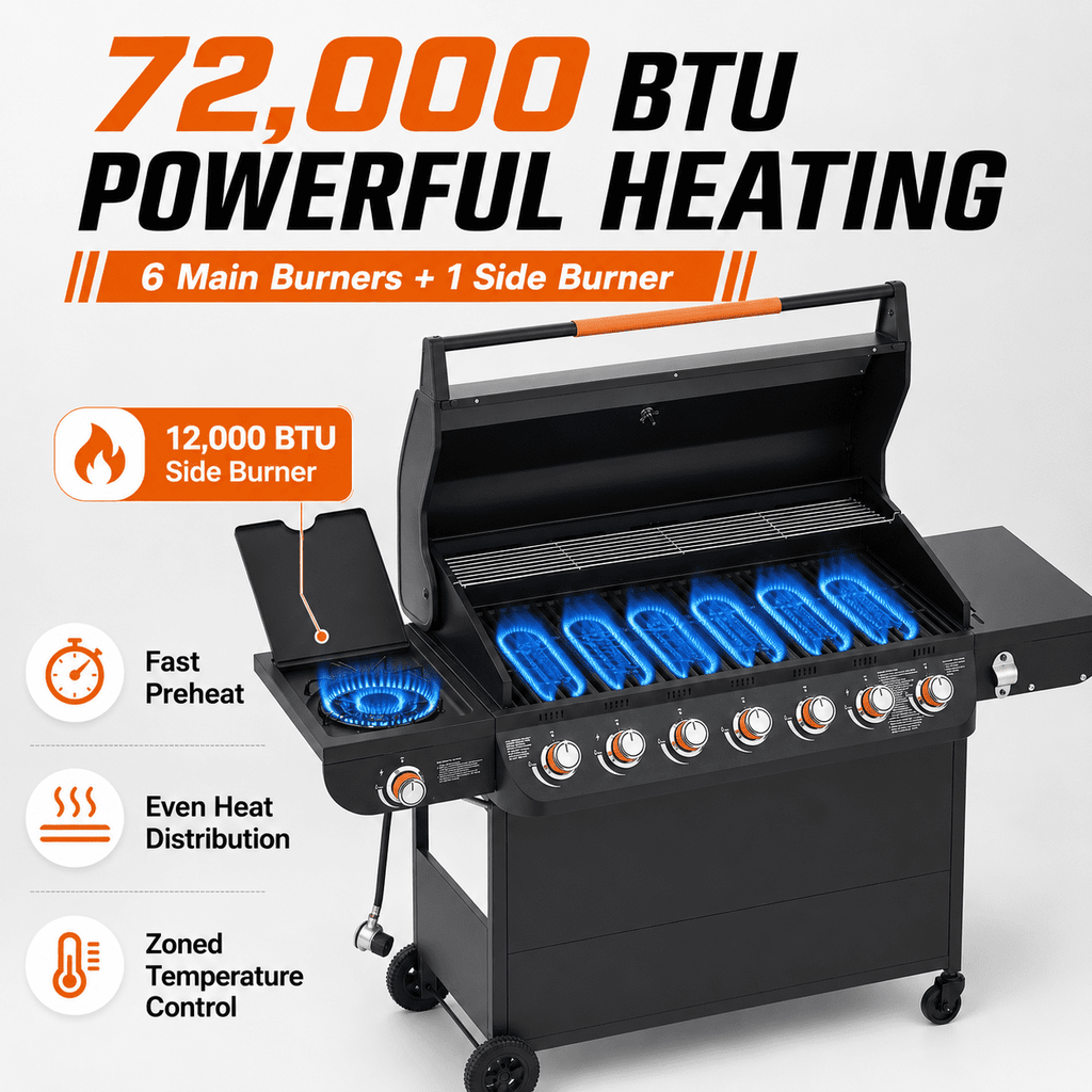 6-Burner Propane Gas Grill with Side Burner, 59000 BTU Outdoor BBQ Grill with Porcelain-Enameled Grates, Warming Rack, Side Tables, Bottle Opener, Thermometer and Wheels for Patio Backyard Cooking
