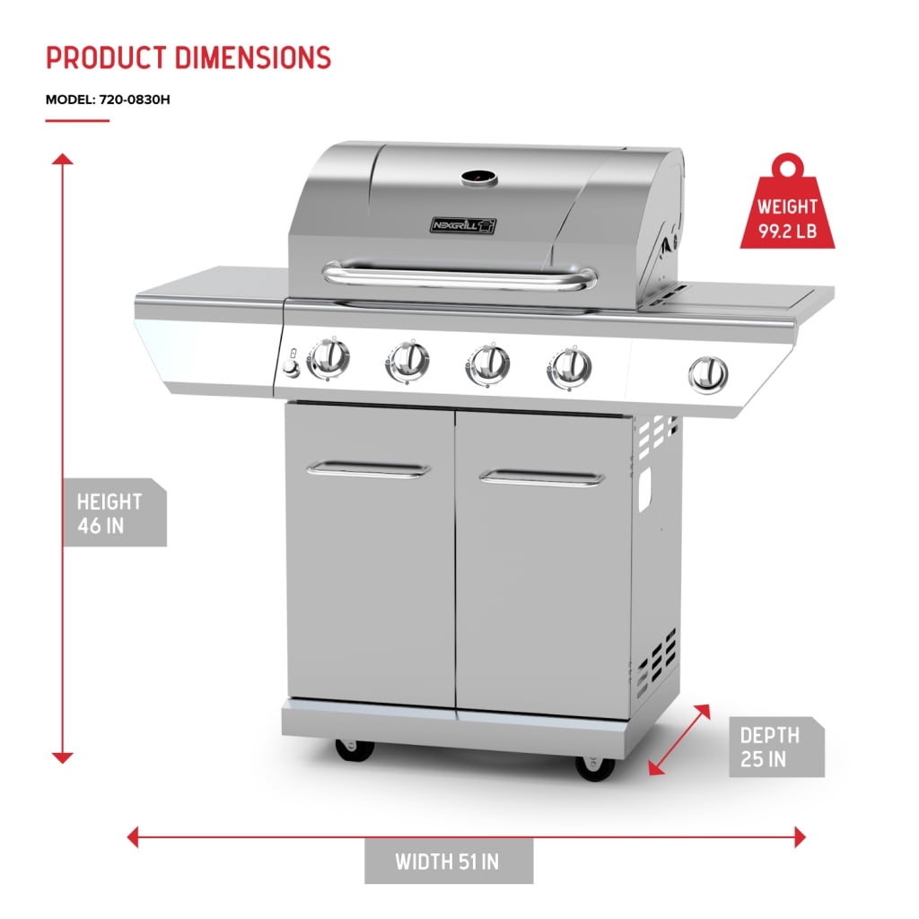Nexgrill 4-Burner Propane Gas Grill with Side Burner, Stainless Steel Frame, 626 SQ In Total Cooking Space, 60,000 BTUs Output, BBQ Grill Perfect for Outdoor Gatherings - 720-0830H