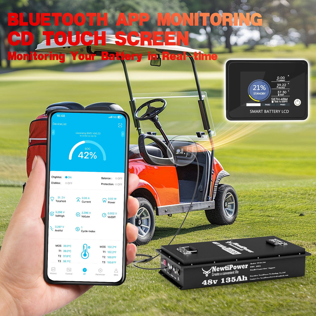 NewtiPower  36V 135Ah LiFepo4 Lithium Battery with 200A BMS&APP,  Top Post for Golf Cart