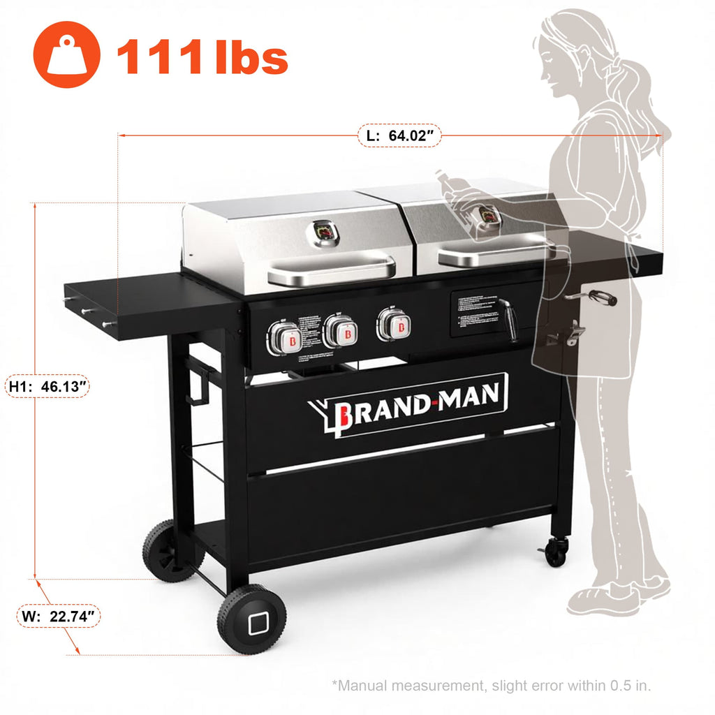 Brand Man Propane Gas & Charcoal Grill Combo with Griddle Dual Fuel BBQ Grill for Outdoor Barbecue, Black
