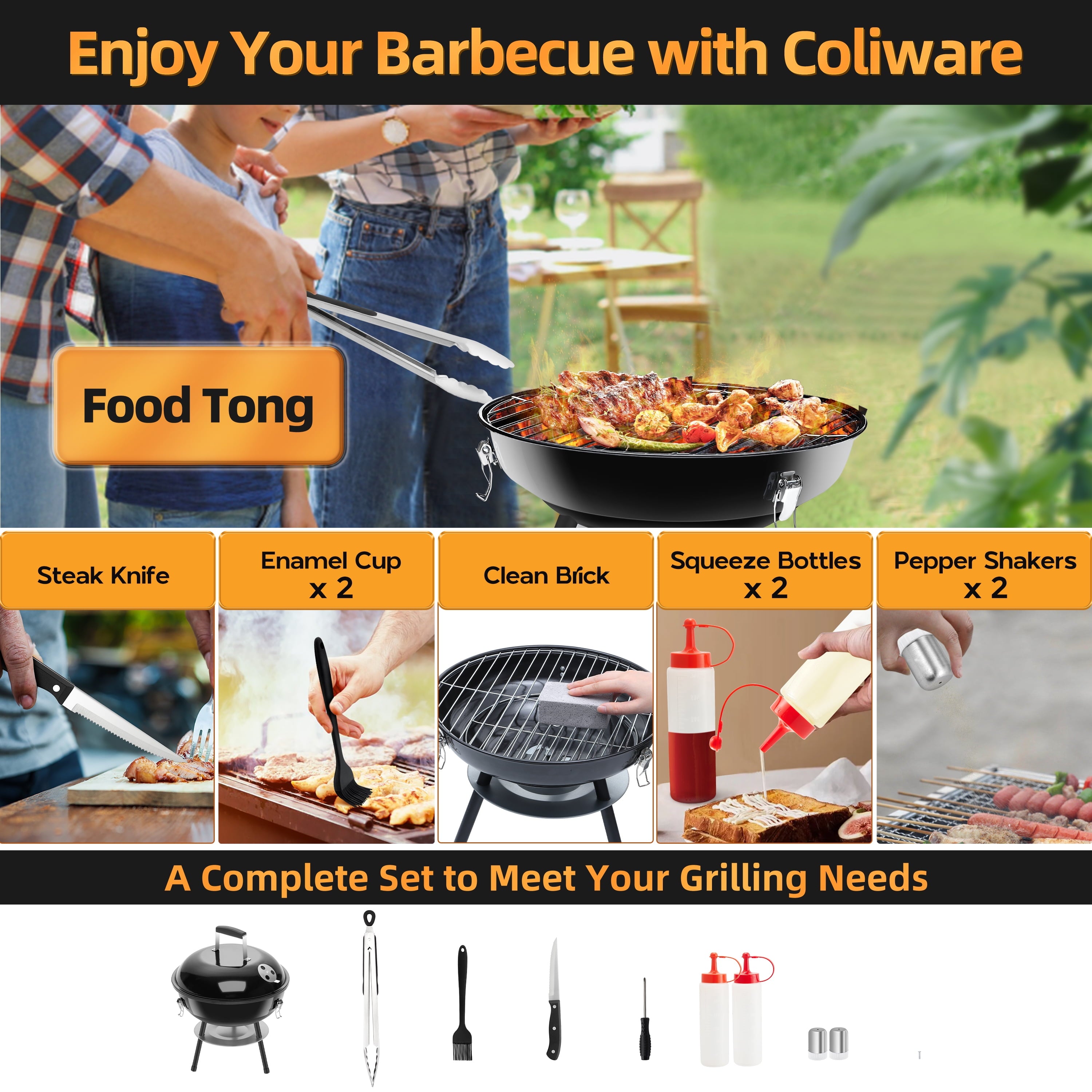 Coliware 14 inch Small Charcoal Grill, Portable Chargrills Tabletop Grill with accessories tools, Expert Barbecue Smoker for picnic camping patio backyard, Outdoor Oven