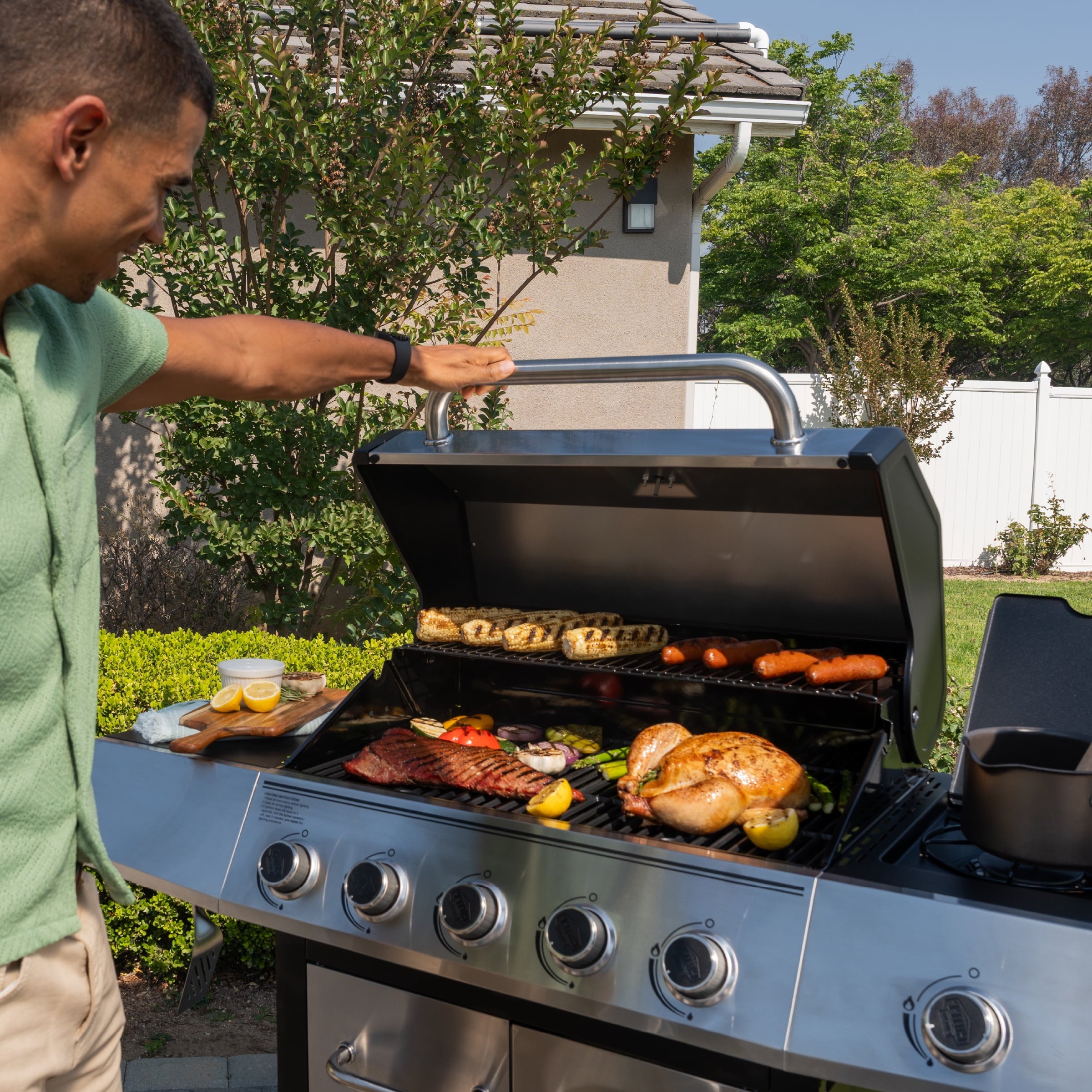 Expert Grill 5-Burner Propane Gas Grill with Side Burner, and Side Table, Stainless Steel