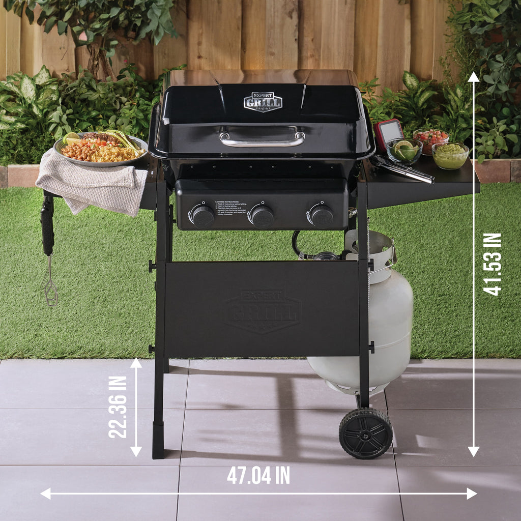 Expert Grill 3-Burner Propane Gas Grill with Wheels and Side Shelves, Black