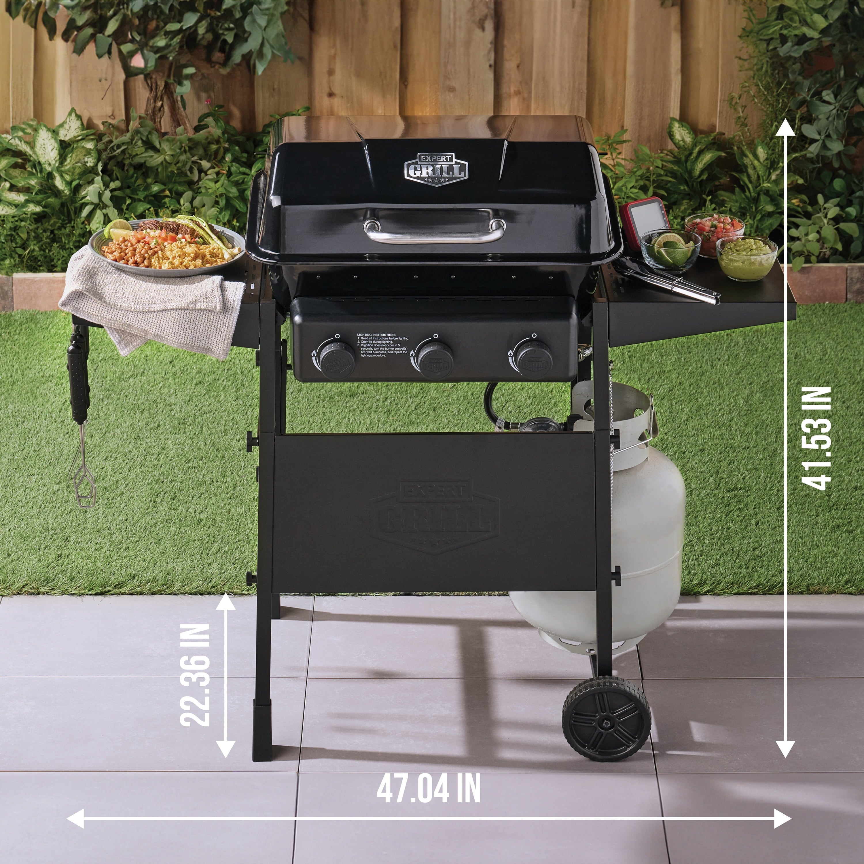 Expert Grill 3-Burner Propane Gas Grill with Wheels and Side Shelves, Black