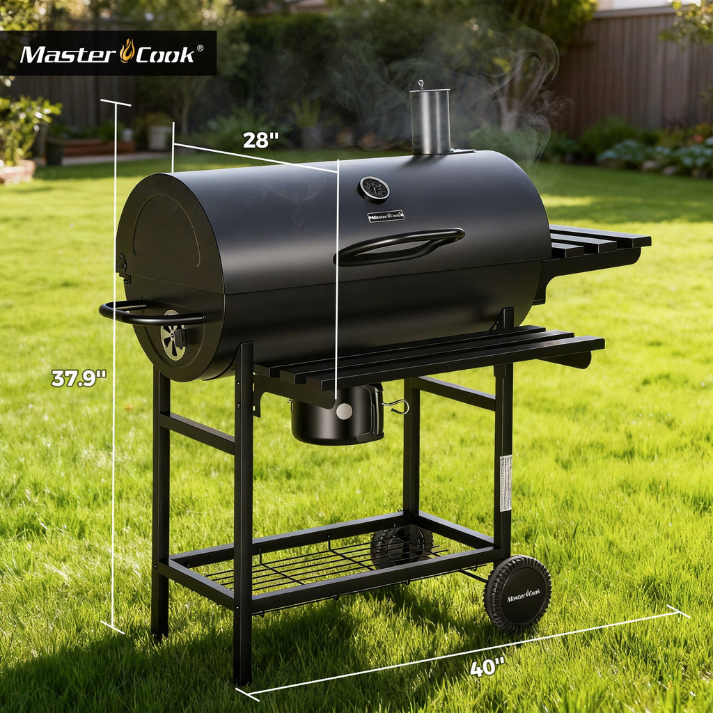 MASTER COOK Barrel Charcoal Grill with Foldable Shelf, Outdoor BBQ Smoker Grill with Thermometer and Adjustable Air Vents