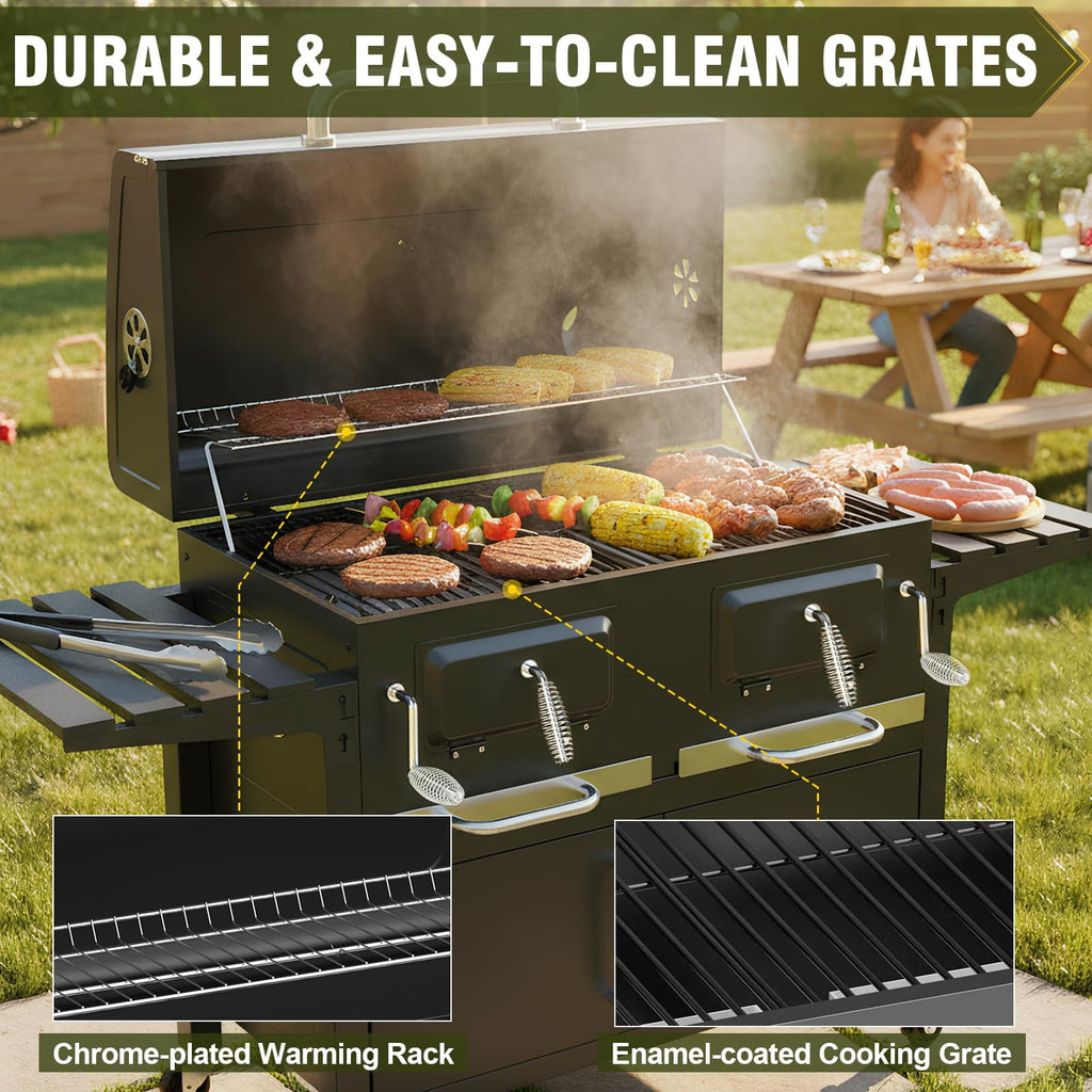 Bestfire Extra Large Charcoal BBQ Grill with Oversized Cooking Space, Dual Charcoal Trays, Enamel Grates & Chrome Warming Rack, Outdoor Barbecue Smoker with 4 Wheels & Side Tables