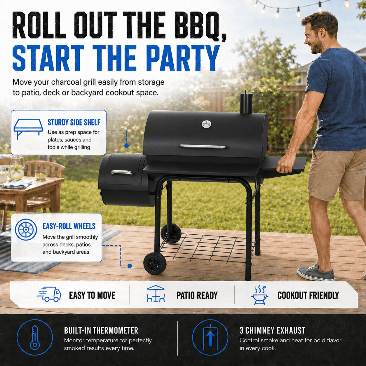 laraVist Charcoal Grill with Offset Smoker, 800 Sq. In. BBQ Grill