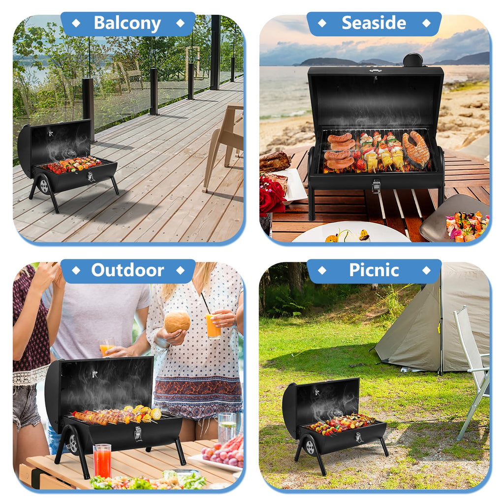 Walchoice Tabletop Charcoal Grill with Thermometer & Chimney, Small Portable Barbecue Grill for Outdoor Cooking Camping Picnic Backyard Beach - Black