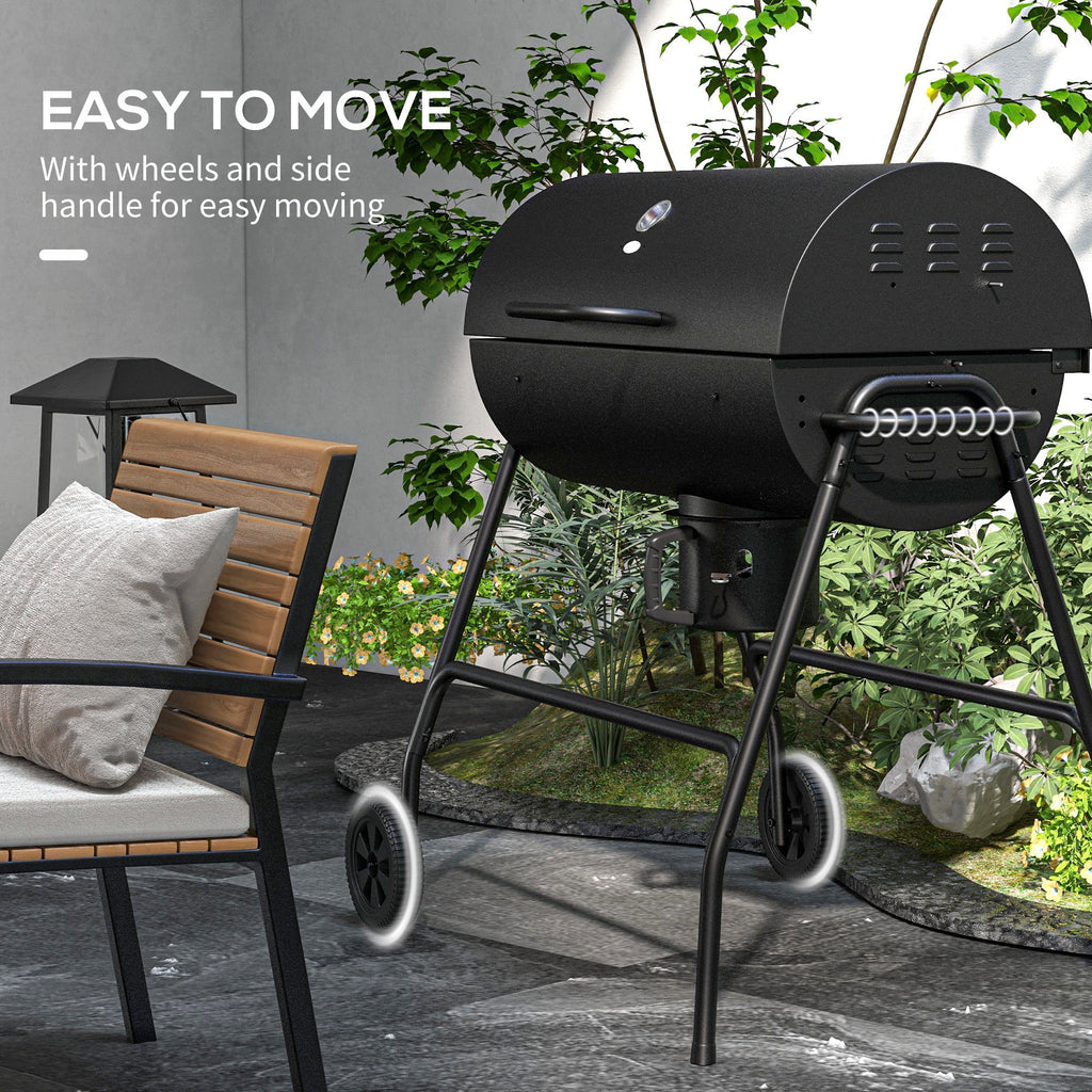 Outsunny Barrel Charcoal BBQ Grill with 420 sq.in. Cooking Area, Wheeled Outdoor Barbecue, Black