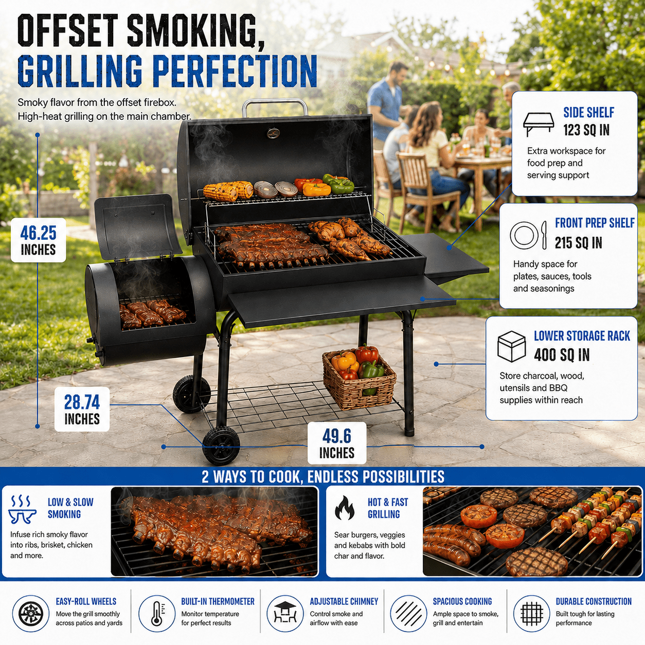 laraVist Charcoal Grill with Offset Smoker, 800 Sq. In. BBQ Grill