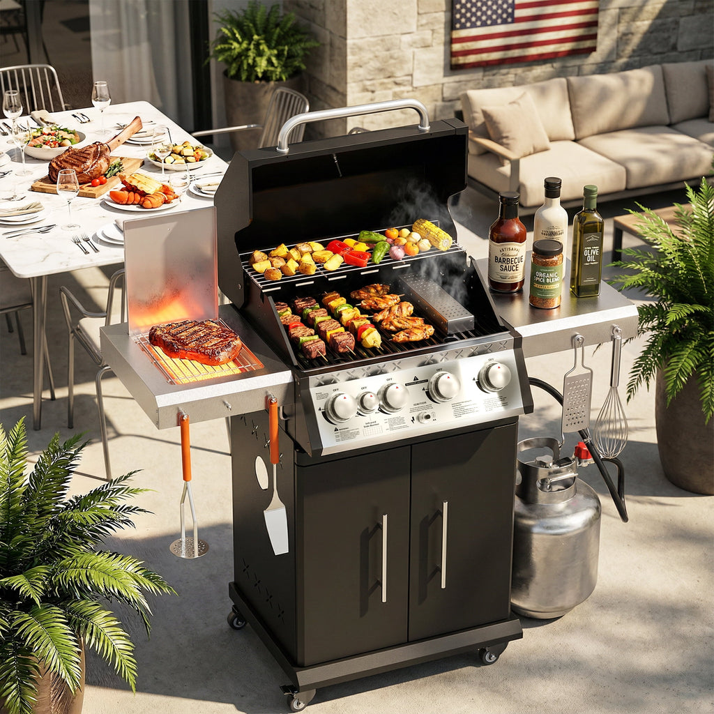 SKOK 4 Burner Gas Grill with Side Burner, 58000 BTU &393 sq.in Cooking Surface, Outdoor Propane Barbecue Grill for Patio & Backyard