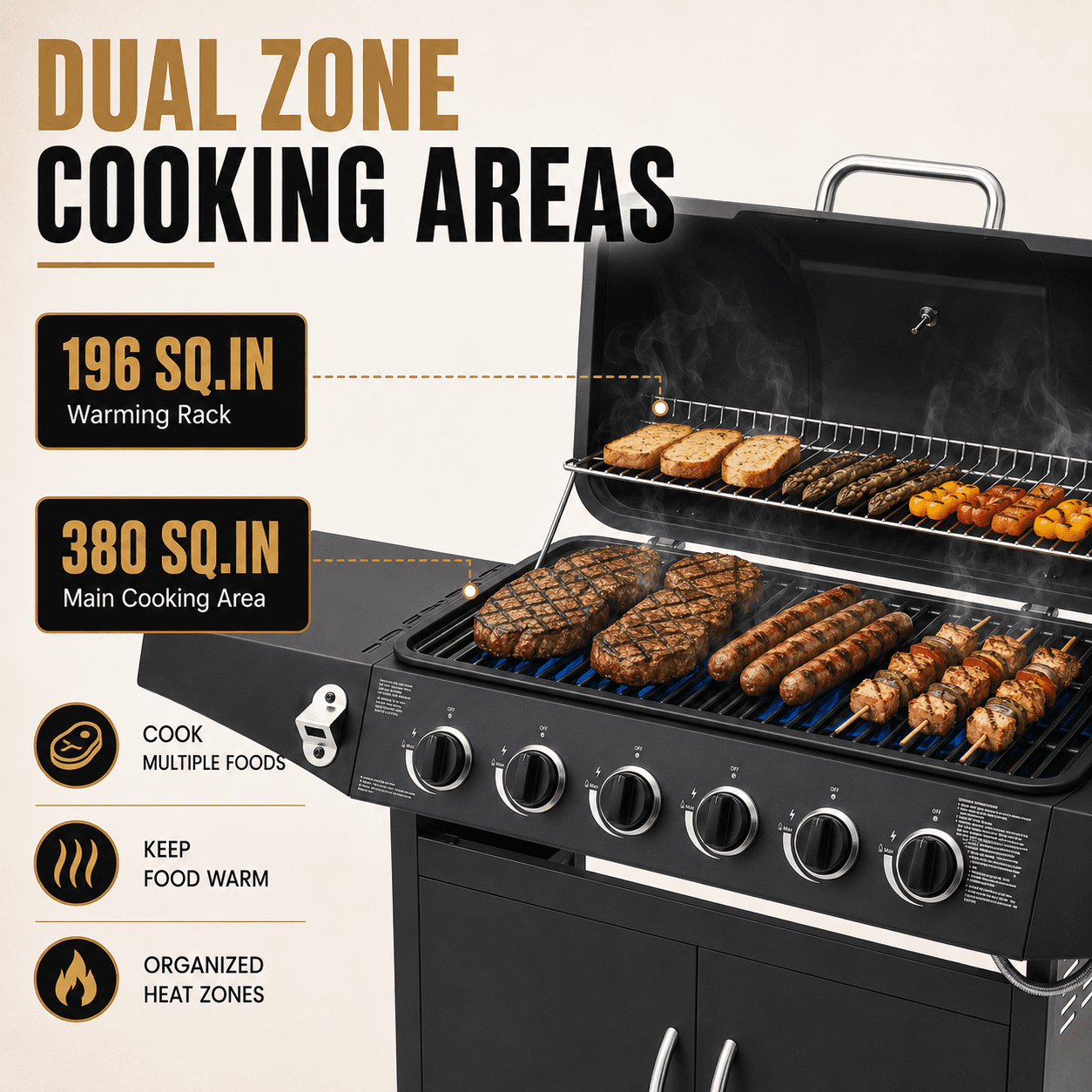 6-Burner Propane Gas Grill with Side Burner, 59000 BTU Outdoor BBQ Grill with Porcelain-Enameled Grates, Warming Rack, Side Tables, Bottle Opener, Thermometer and Wheels for Patio Backyard Cooking