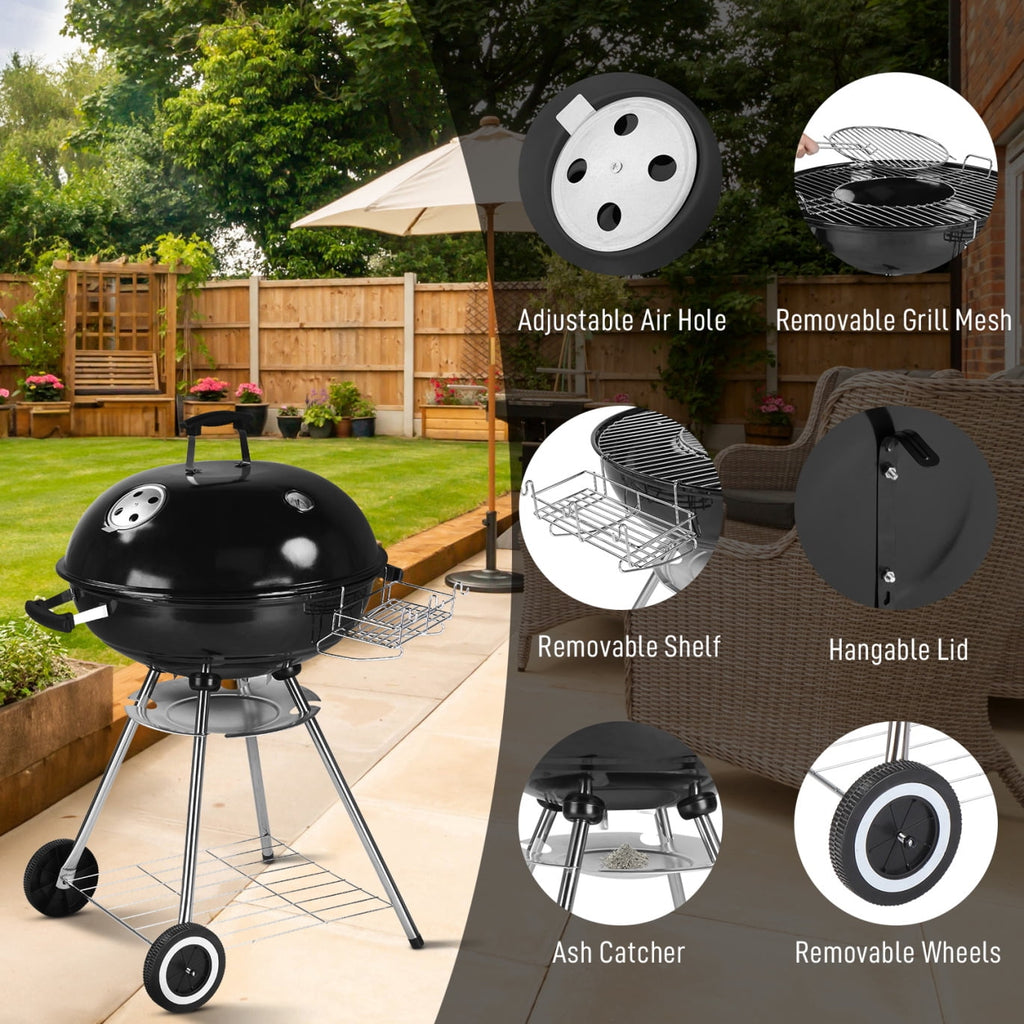 28-Inch Portable Charcoal Grill with Wheels and Storage Holder, Porcelain-Enameled Lid and Ash Catcher & Thermometer, Round Barbecue Kettle Grill Bowl Wheels for Outdoor Party Camping Picnic