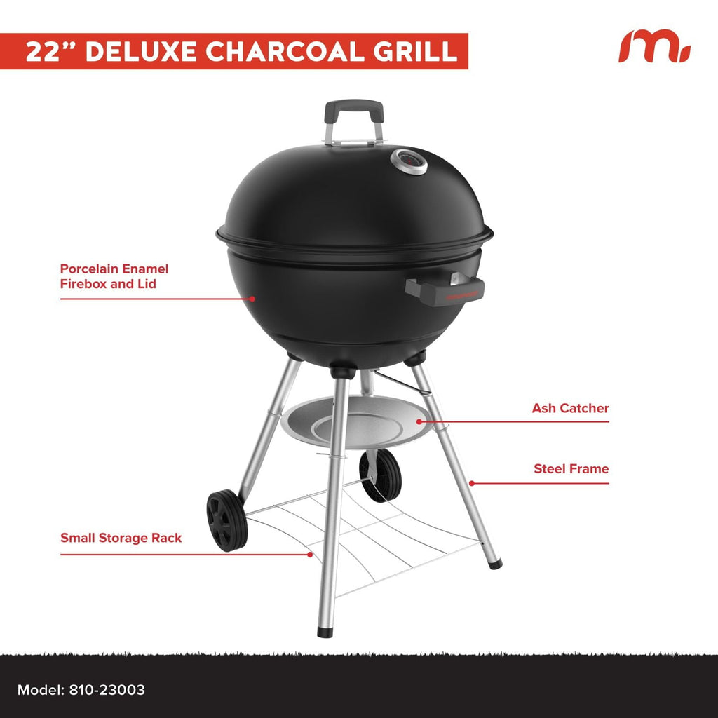 Megamaster – 22 Deluxe Charcoal Barbecue Grill with Adjustable Air Vent, Built-In Temperature Gauge, 368 SQ. In Cooking Area, Storage Rack, Portable Grill for Camping, Picnics, and More - 810-23003
