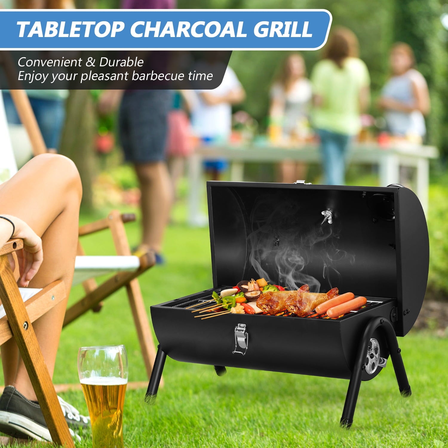 Walchoice Tabletop Charcoal Grill with Thermometer & Chimney, Small Portable Barbecue Grill for Outdoor Cooking Camping Picnic Backyard Beach - Black