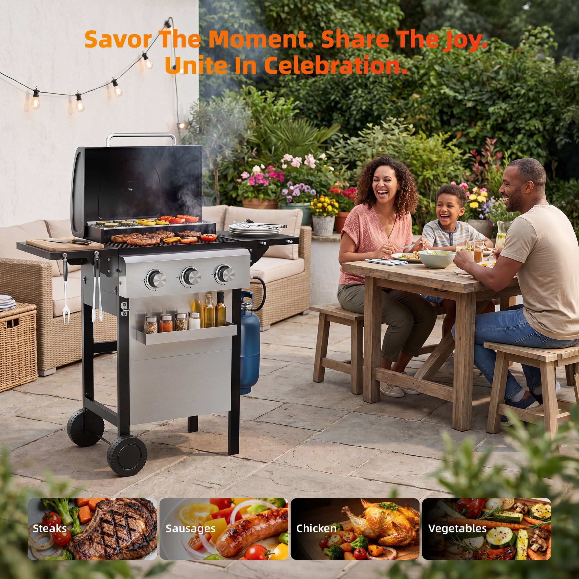 Biotree 4 Burner BBQ Propane Gas Grill, Stainless Steel 38,000 BTU Patio Garden Barbecue Grill with Two Foldable Shelves