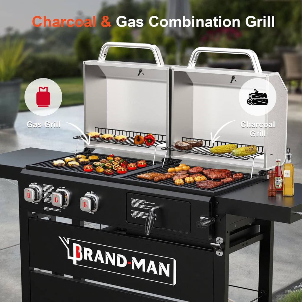 Brand Man Propane Gas & Charcoal Grill Combo with Griddle Dual Fuel BBQ Grill for Outdoor Barbecue, Black