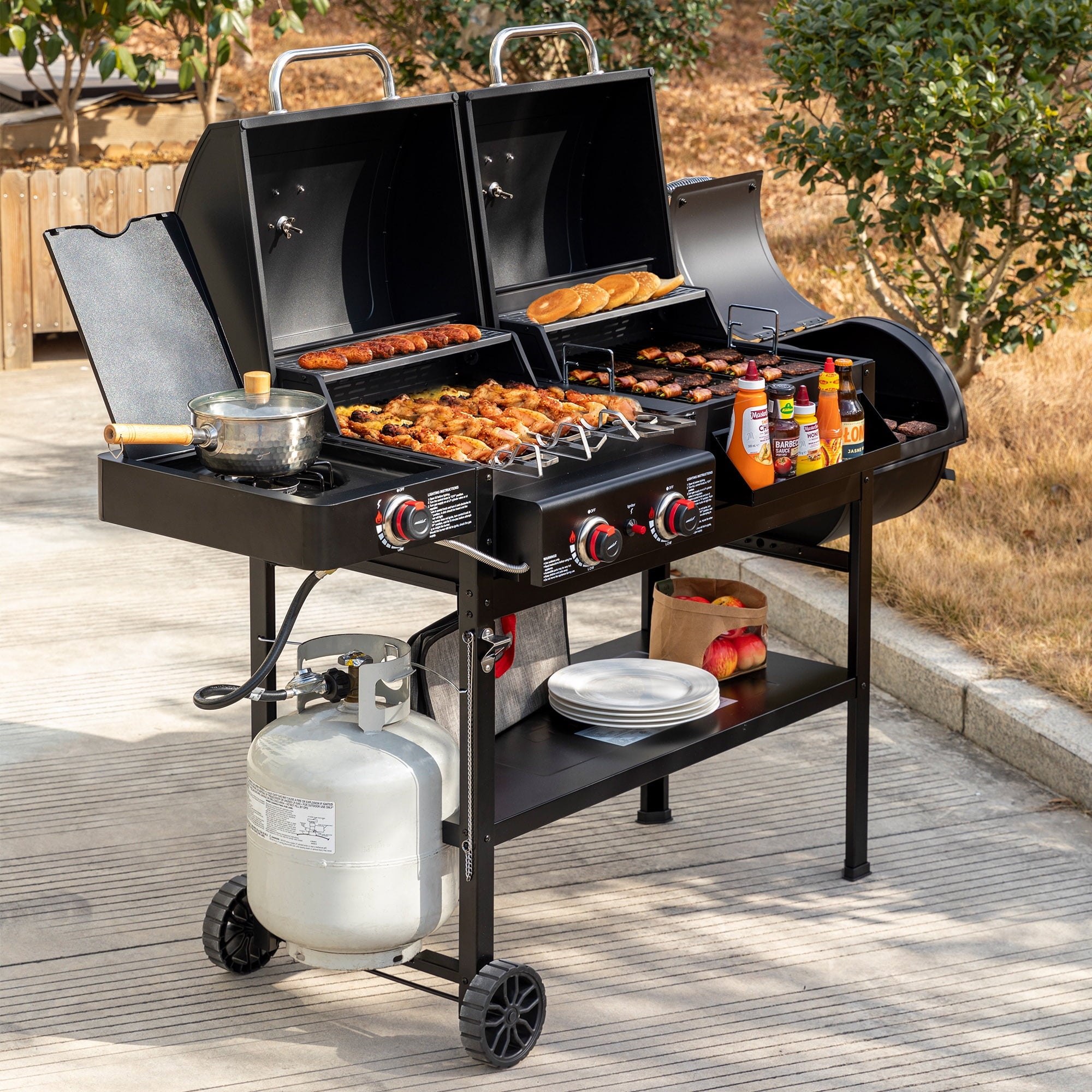 Royal Gourmet ZH3005Y 2-Burner Gas and Charcoal Combo Grill with Offset Smoker & Side Burner