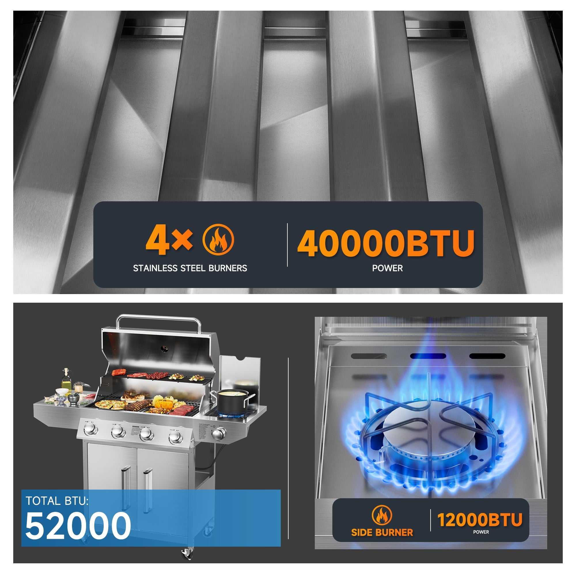 SKOK 4 Burner Gas Grill with Side Burner, 58000 BTU &393 sq.in Cooking Surface, Outdoor Propane Barbecue Grill for Patio & Backyard