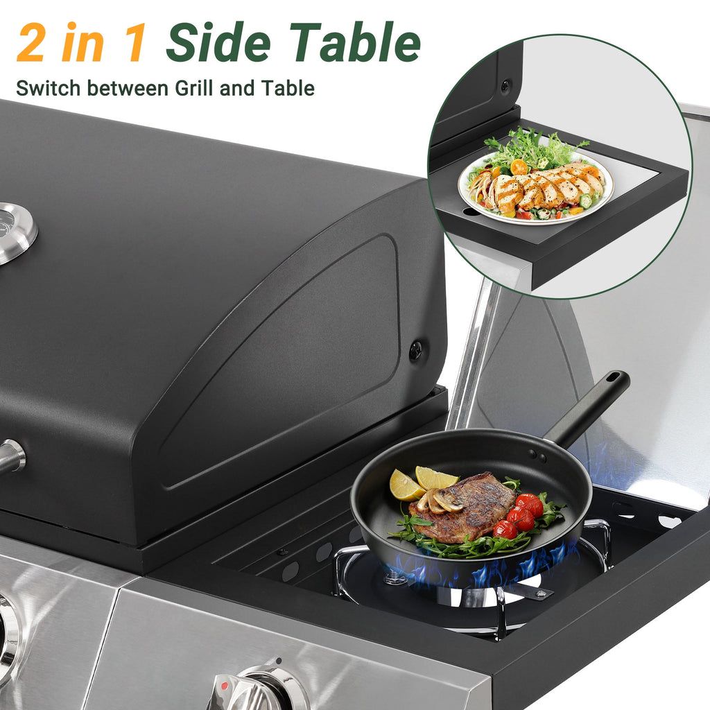Enyopro 3-Burner Propane Gas Grill, 30000 BTU BBQ Grill with Foldable Side Table, Stainless Steel Warming Rack, Hooks, and Built-In Bottle Opener for Outdoor Barbecue