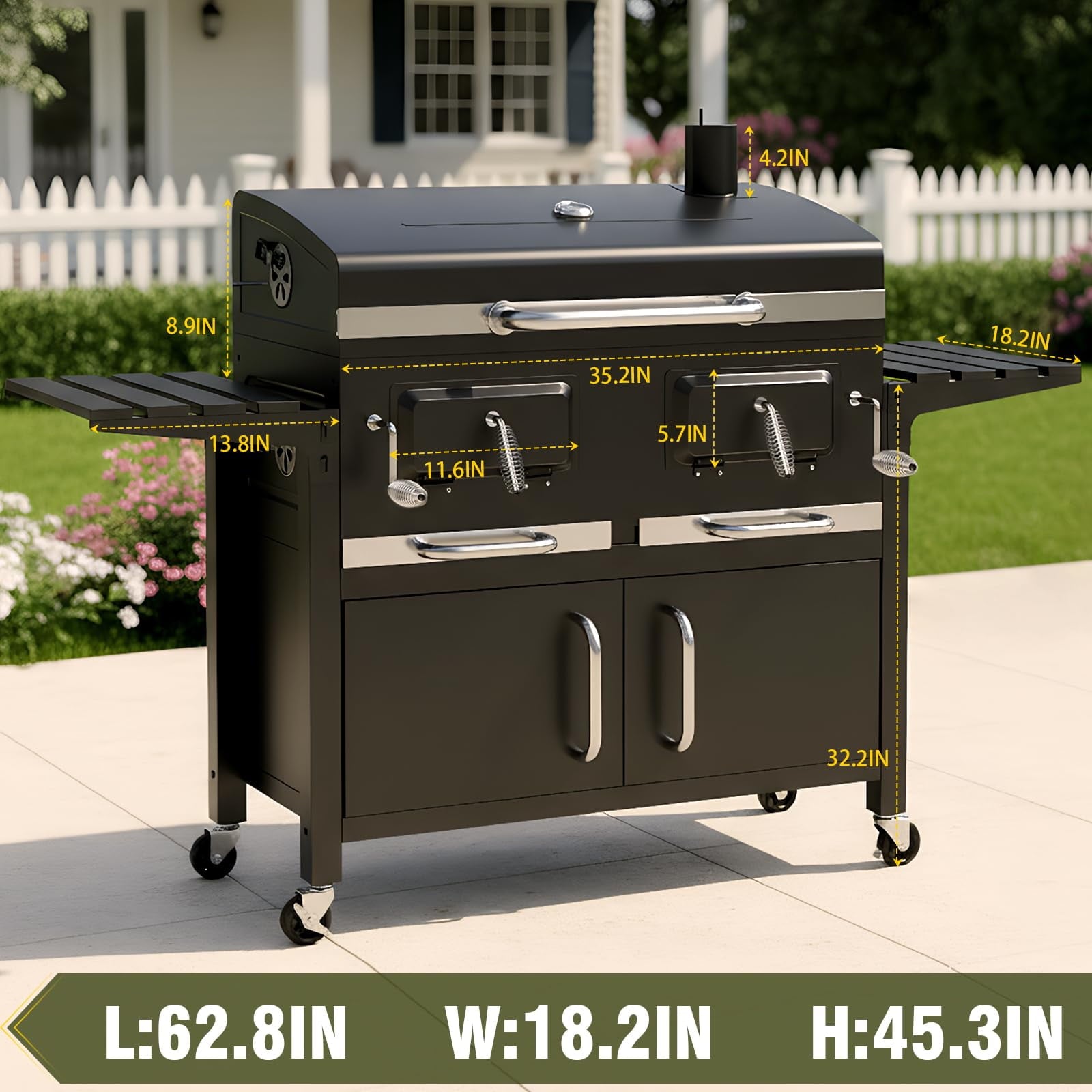 Bestfire Extra Large Charcoal BBQ Grill with Oversized Cooking Space, Dual Charcoal Trays, Enamel Grates & Chrome Warming Rack, Outdoor Barbecue Smoker with 4 Wheels & Side Tables