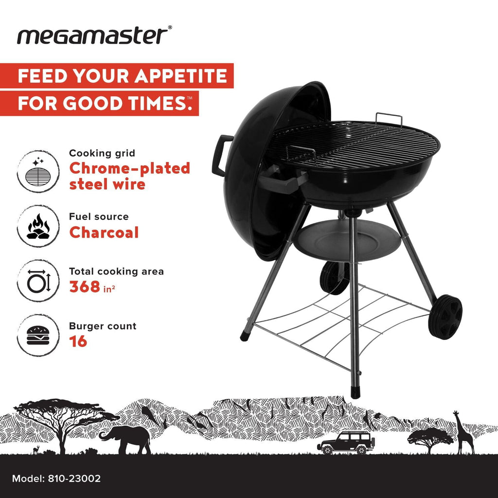 Megamaster – 22 Deluxe Charcoal Barbecue Grill with Adjustable Air Vent, Built-In Temperature Gauge, 368 SQ. In Cooking Area, Storage Rack, Portable Grill for Camping, Picnics, and More - 810-23003