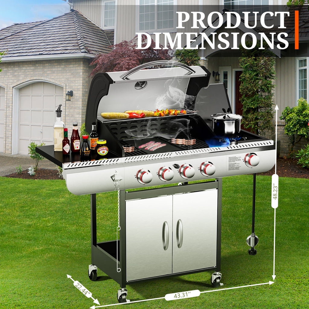 3-Burner Propane Gas Grill with Side Burner,34,000 BTU Stainless Steel BBQ Grill with Side Shelves and Wheels,Outdoor Grill for for Patio,Backyard,Garden,Camping Cooking