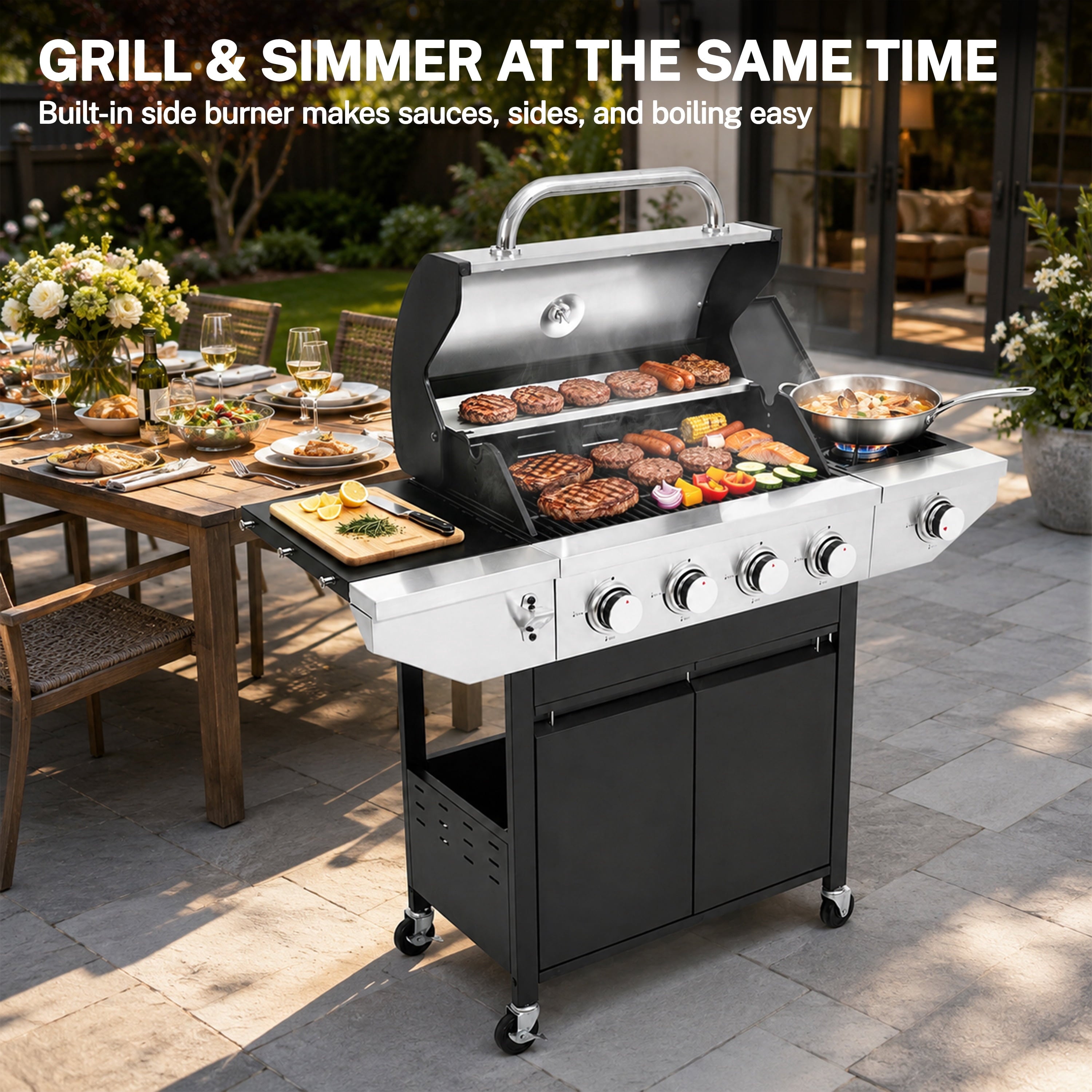 Segmart 3 Burner Propane Gas Grill with Side Burner, 37,000 BTU Outdoor Cooking BBQ Grill with Porcelain-Enameled Cast Iron Grates, Equipped with Temperature, Tool Hooks, and Bottle Opener
