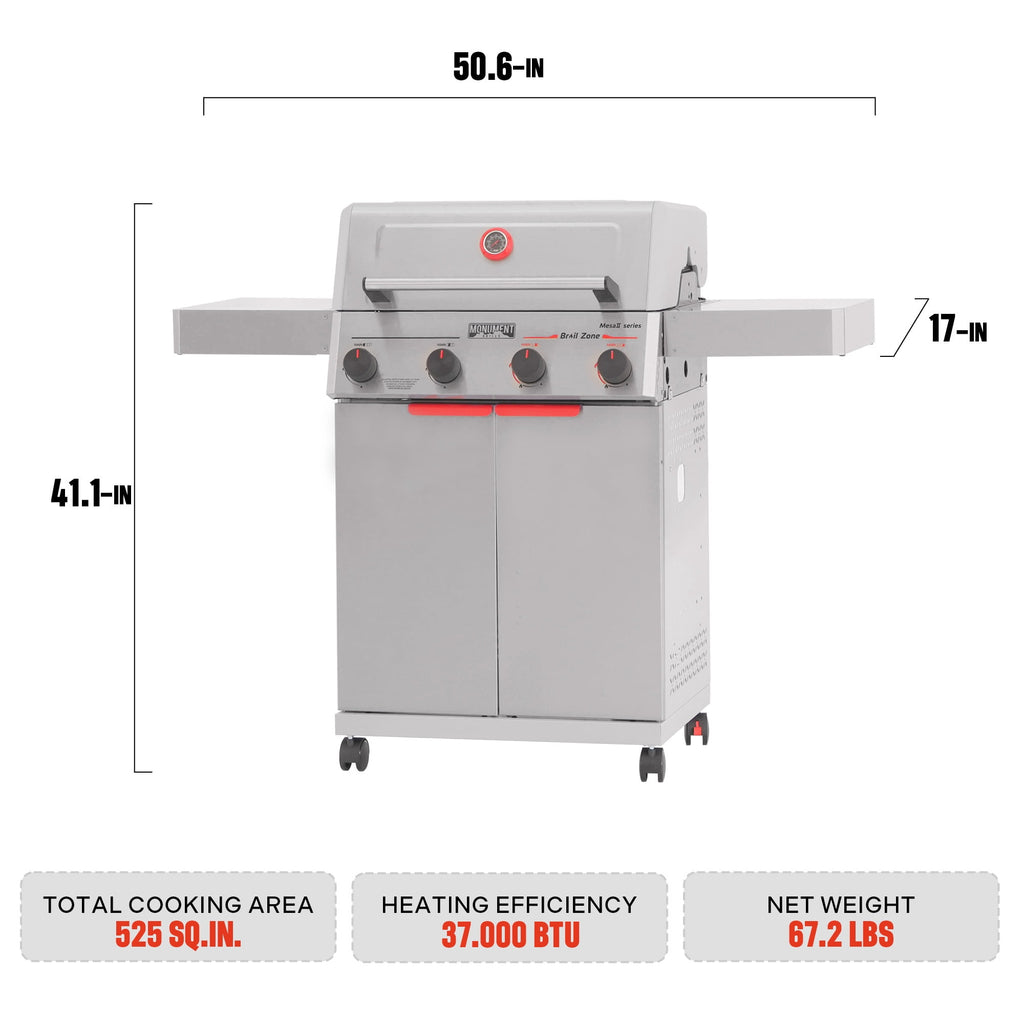 Monument Grills 4 Burner Propane Gas Grill ,Stainless Steel Outdoor Patio Barbecue Grill with Folding Shelves and Flip Rack, Mesa II 410BZ