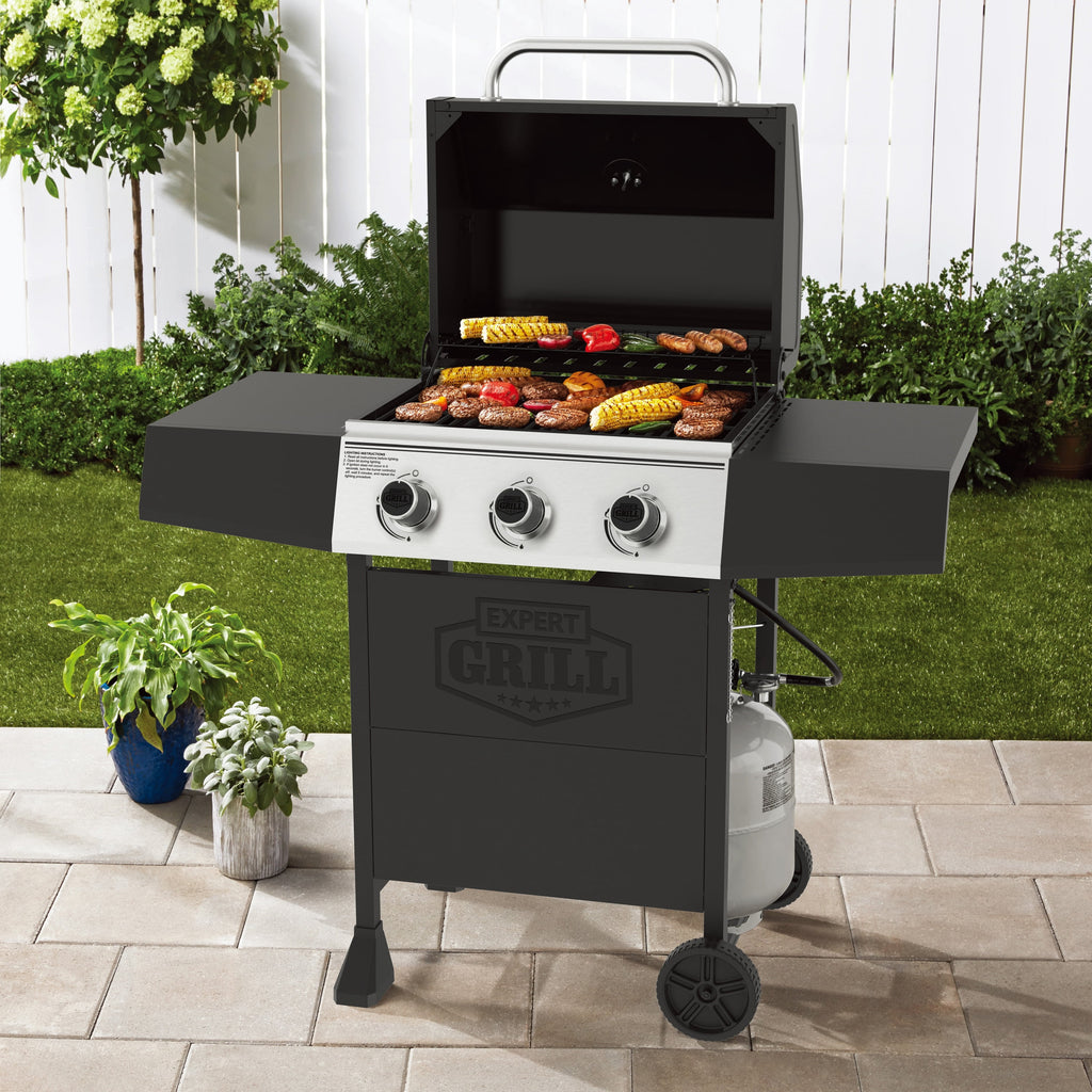 Expert Grill, 3-Burner Propane Gas Grill with Side Table and Wheels, Black