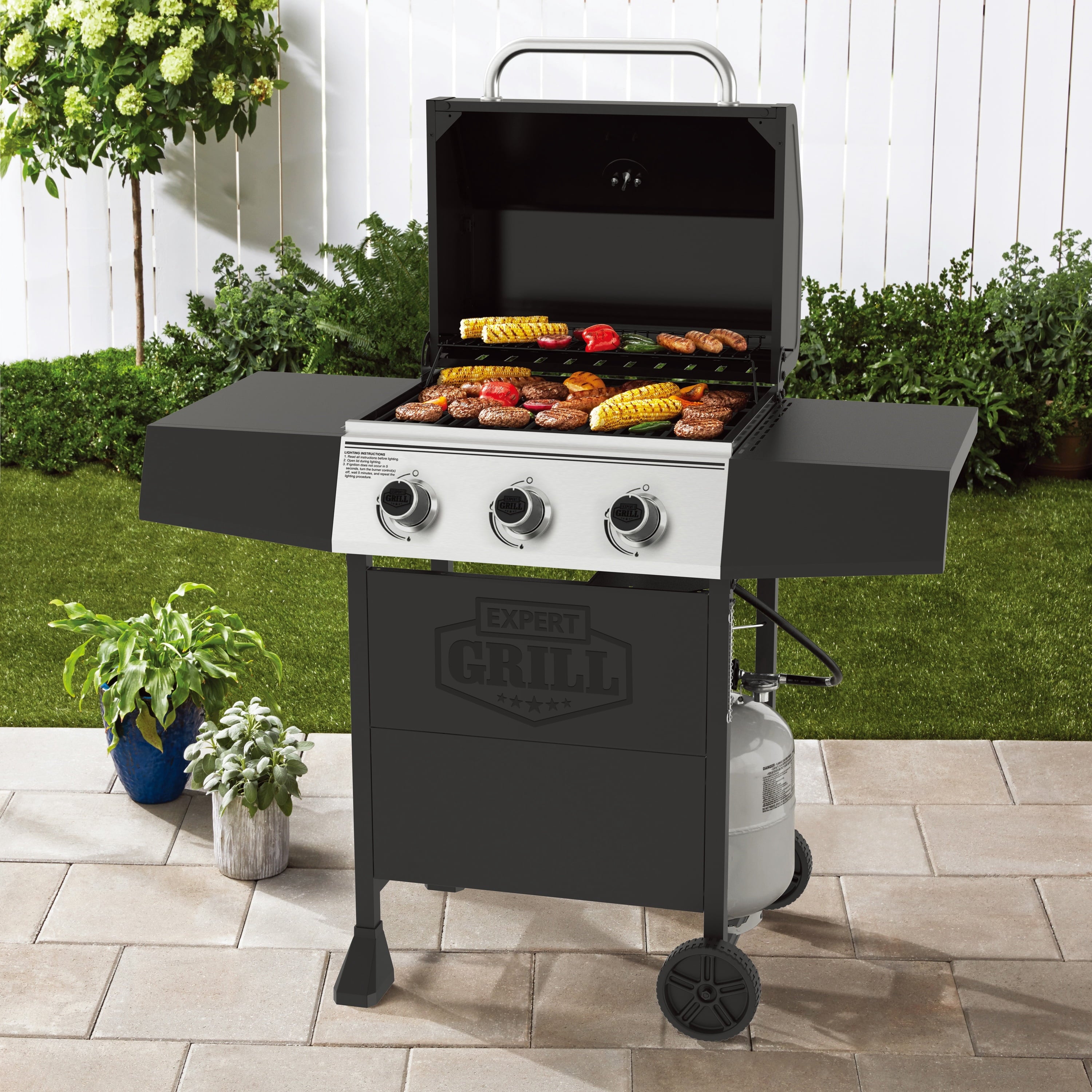 Expert Grill, 3-Burner Propane Gas Grill with Side Table and Wheels, Black