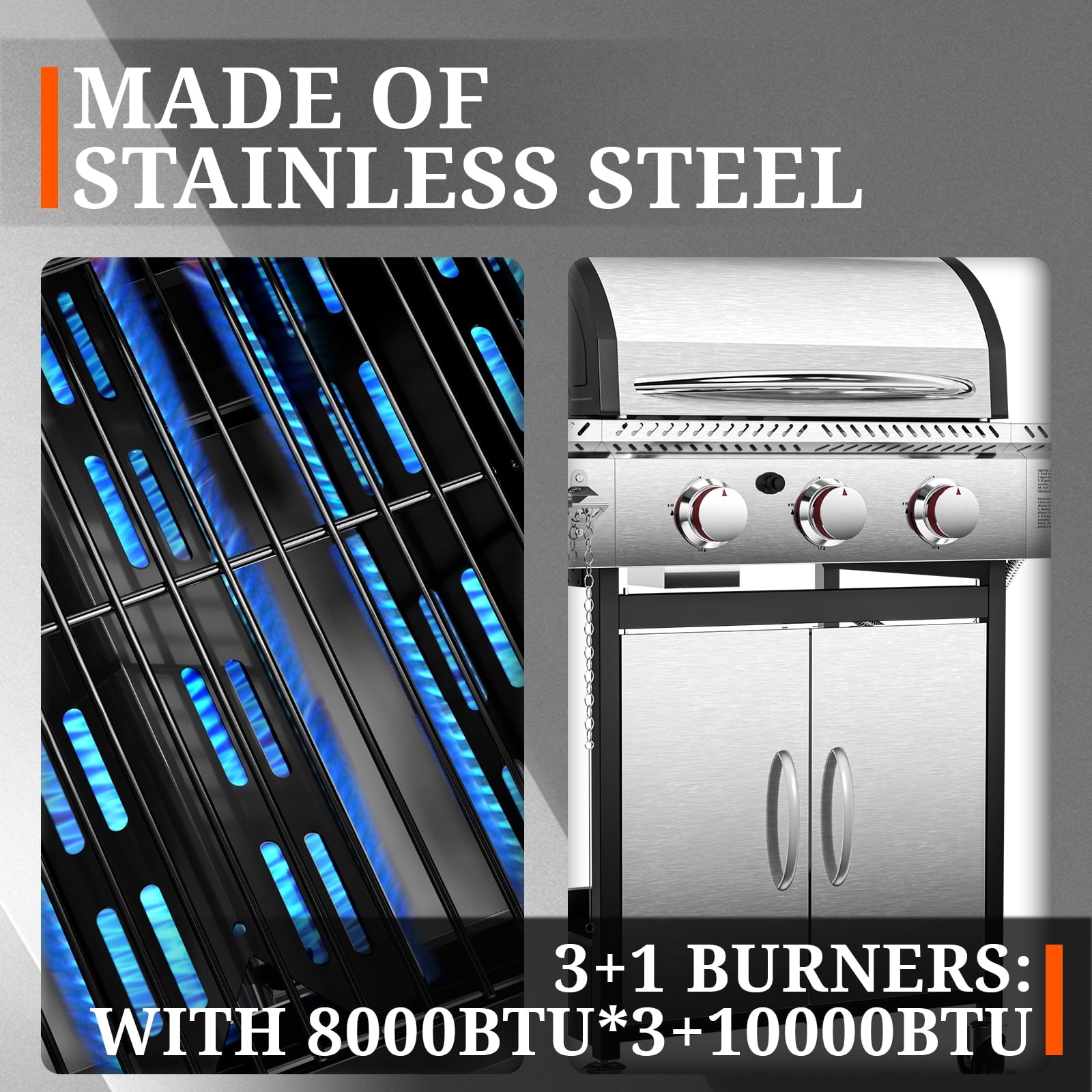 3-Burner Propane Gas Grill with Side Burner,34,000 BTU Stainless Steel BBQ Grill with Side Shelves and Wheels,Outdoor Grill for for Patio,Backyard,Garden,Camping Cooking