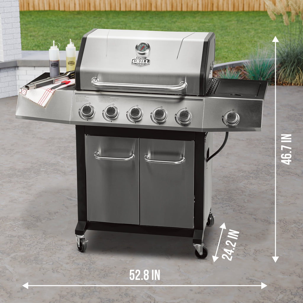 Expert Grill 5-Burner Propane Gas Grill with Side Burner, and Side Table, Stainless Steel