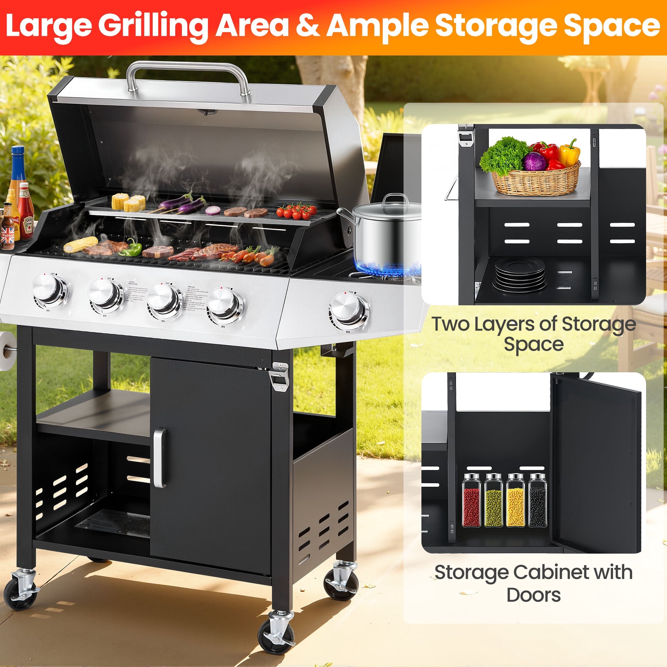 Segmart 4 Burner BBQ Propane Gas Grill with Side Burner, Stainless Steel 50,000 BTU Patio Barbecue Grill with Shelf, Gas Tank Hook, Towel Rack & Bottle Opener, Fits for Camping, Outdoor Cooking