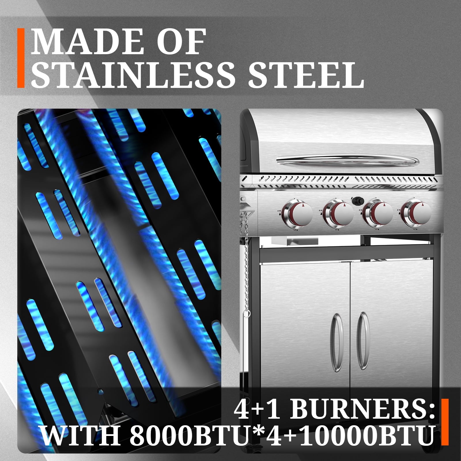 3-Burner Propane Gas Grill with Side Burner,34,000 BTU Stainless Steel BBQ Grill with Side Shelves and Wheels,Outdoor Grill for for Patio,Backyard,Garden,Camping Cooking