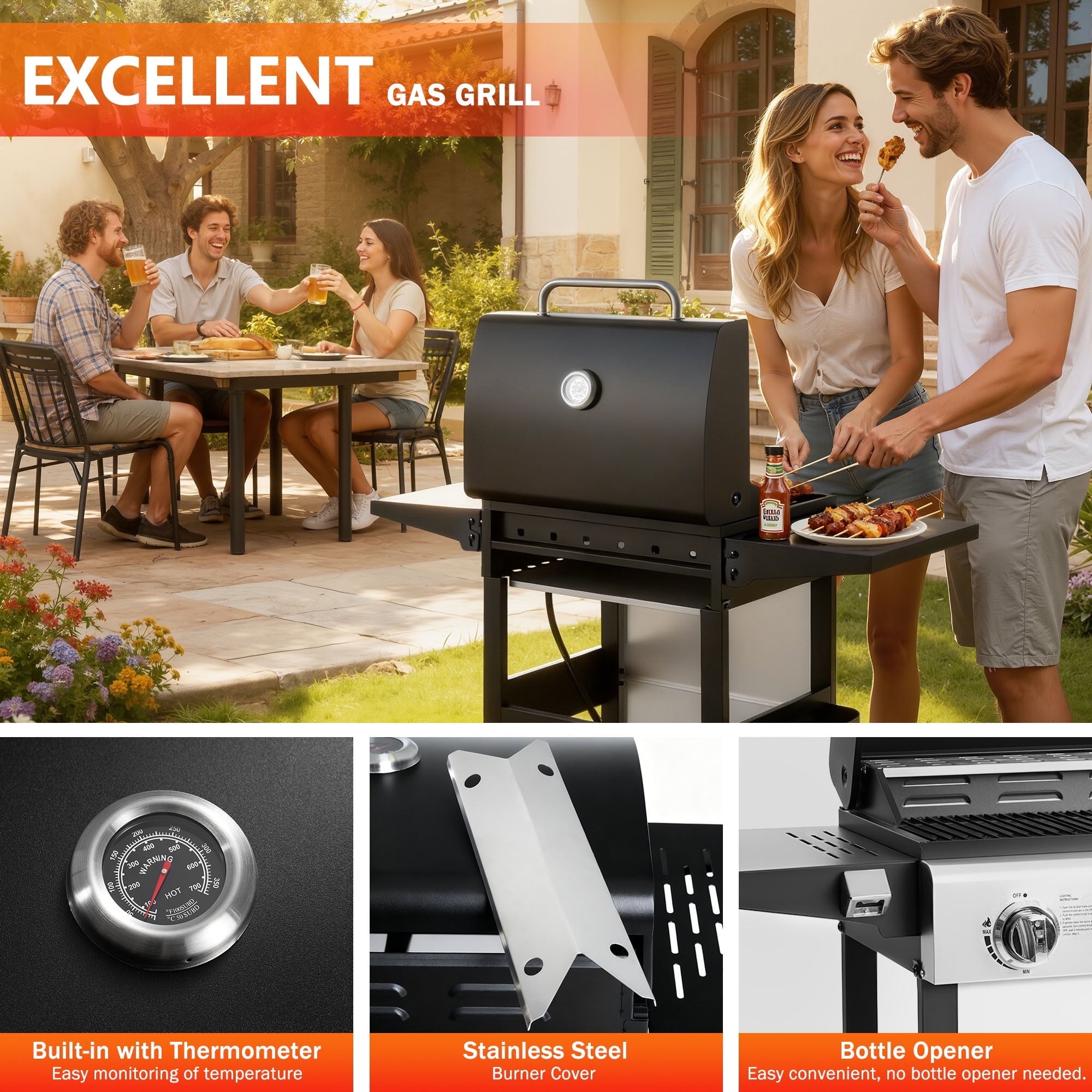 Outdoor BBQ Grill, Powerful 30,000BTU Gas Propane Grill, Stainless Steel Grill with Storage Shelves, Portable Grill for RV Party Camping Patio