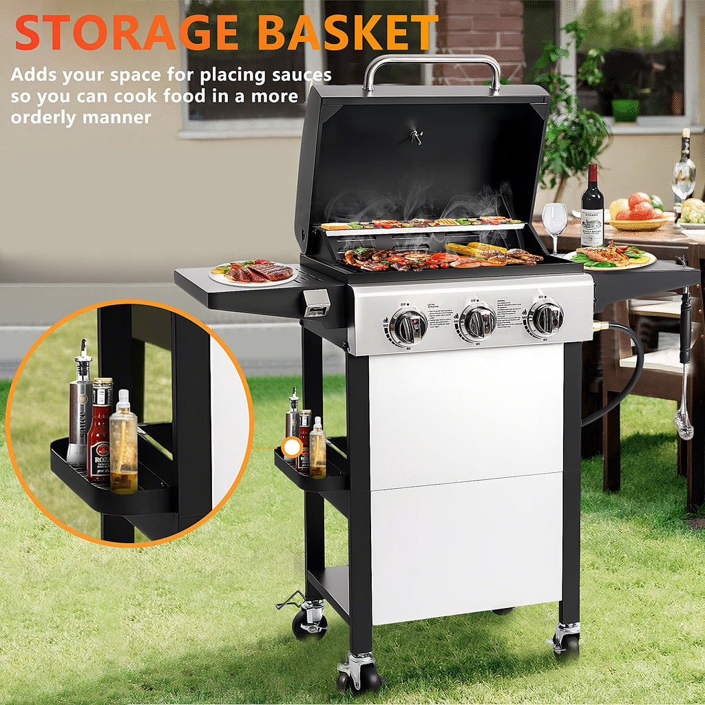 Segmart 3 Burner BBQ Propane Gas Grill, Stainless Steel 27,000 BTU Patio Garden Barbecue Grill with Side Tables, Hanging Basket & Thermometer, Perfect for Camping, Outdoor Cooking