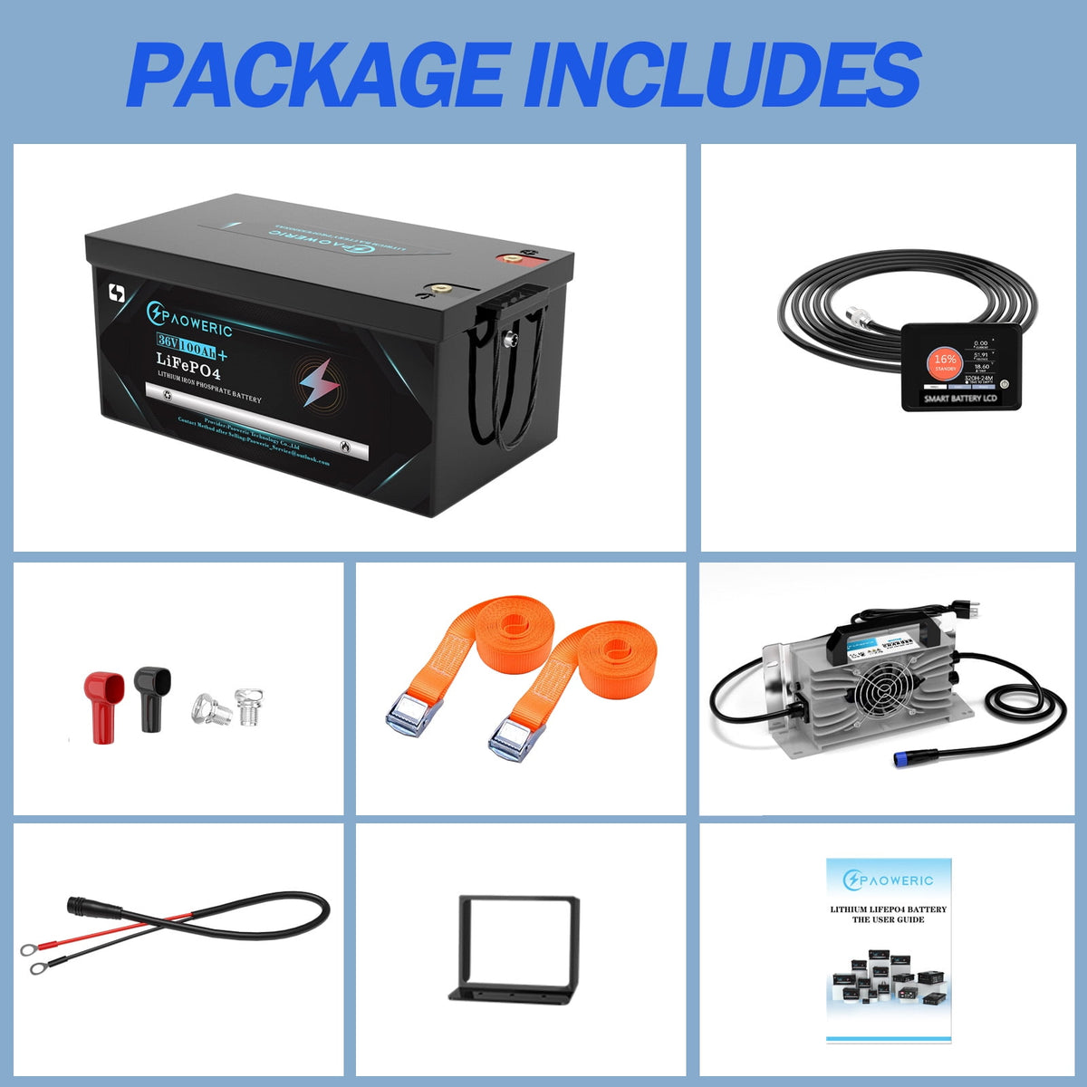 36V 100Ah LiFePO4 Lithium Battery for Golf Carts with Charger, Smart 200A BMS, LCD Display, and App Control, Up to 7680W Output, Ideal for Golf Carts and Trolling Motors