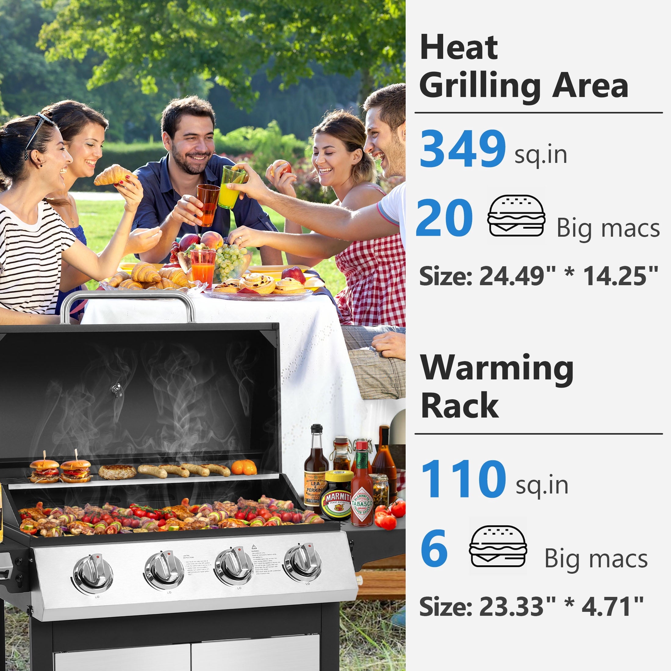 SEGMART 3 Burner BBQ Propane Gas Grill, Stainless Steel 30,000 BTU Patio Garden Barbecue Grill with Side Tables, Cleaning Brush & Thermometer, Perfect for Camping, Outdoor Cooking