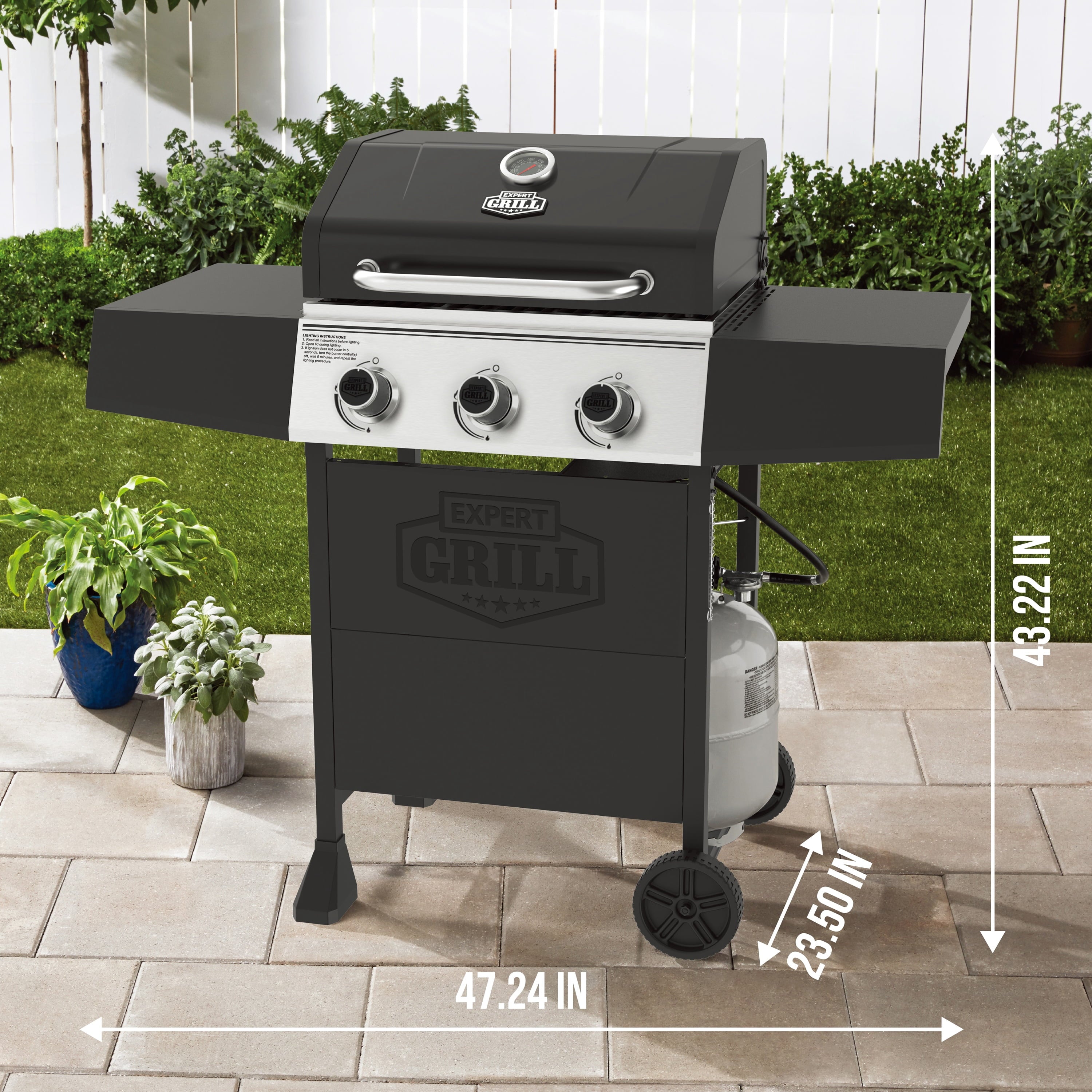 Expert Grill, 3-Burner Propane Gas Grill with Side Table and Wheels, Black