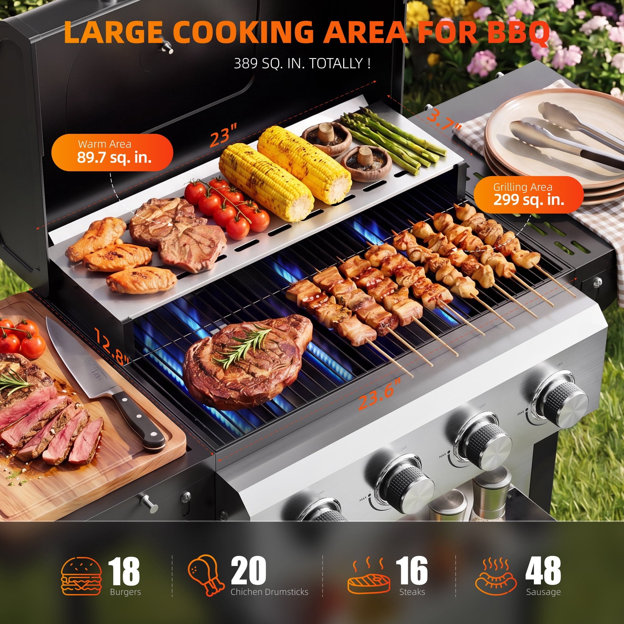 Biotree 4 Burner BBQ Propane Gas Grill, Stainless Steel 38,000 BTU Patio Garden Barbecue Grill with Two Foldable Shelves