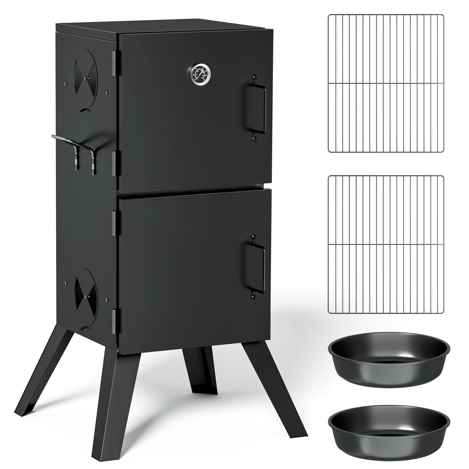 Kingchii Vertical Charcoal Smoker BBQ Grill with Built-in Thermometer, Portable Smoker for Backyard, Camping, Barbecue, and Outdoor Grilling