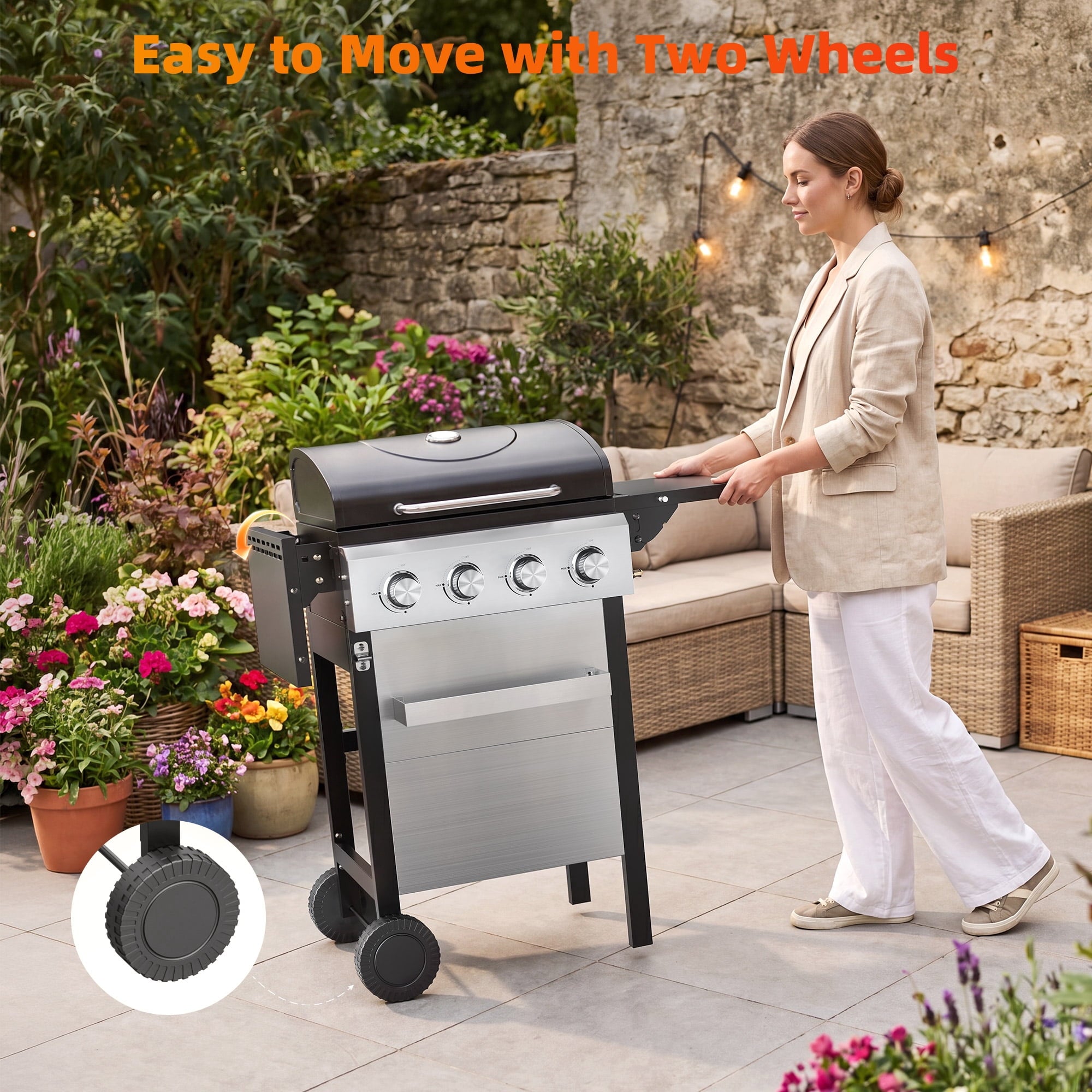 Biotree 4 Burner BBQ Propane Gas Grill, Stainless Steel 38,000 BTU Patio Garden Barbecue Grill with Two Foldable Shelves