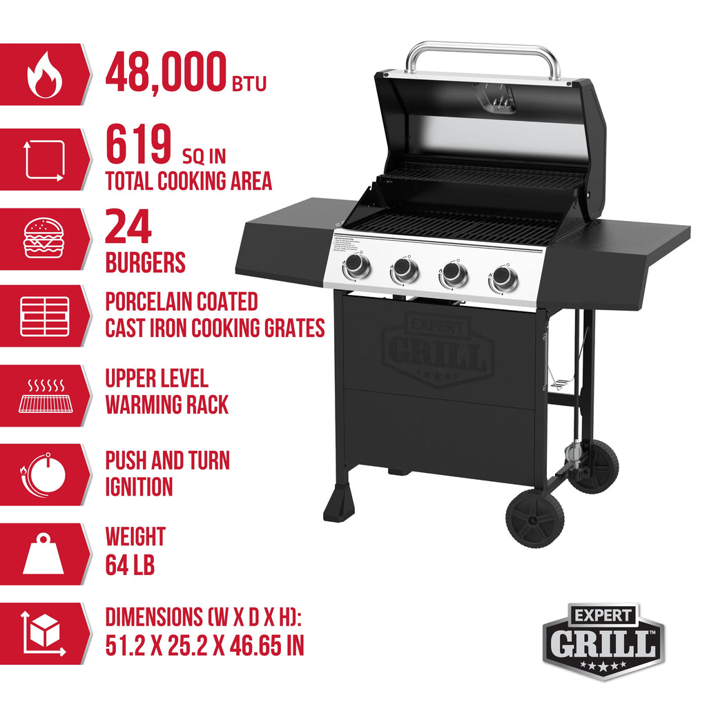 Expert Grill, 4-Burner Propane Gas Grill with Side Table and Wheels, Stainless Steel