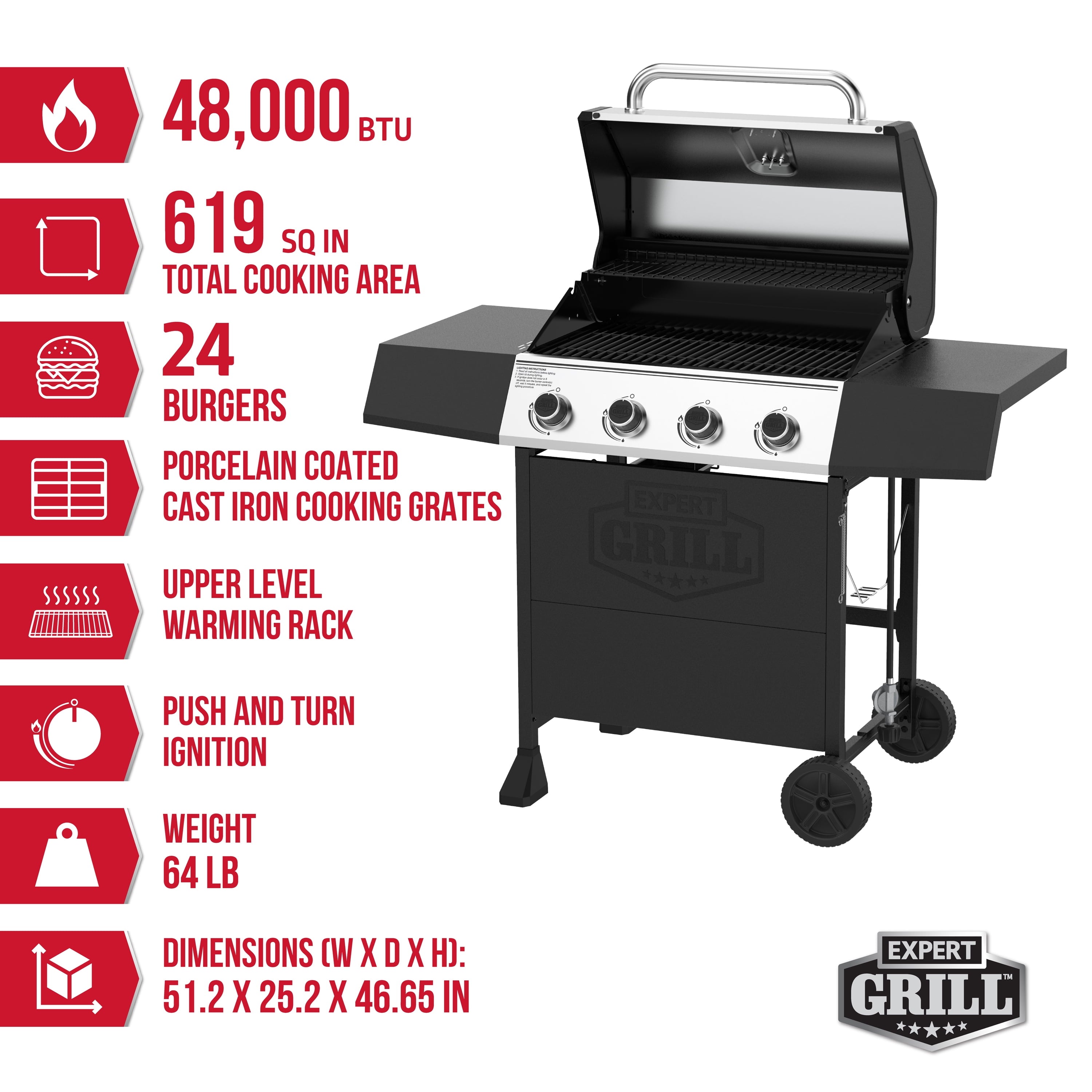 Expert Grill, 4-Burner Propane Gas Grill with Side Table and Wheels, Stainless Steel